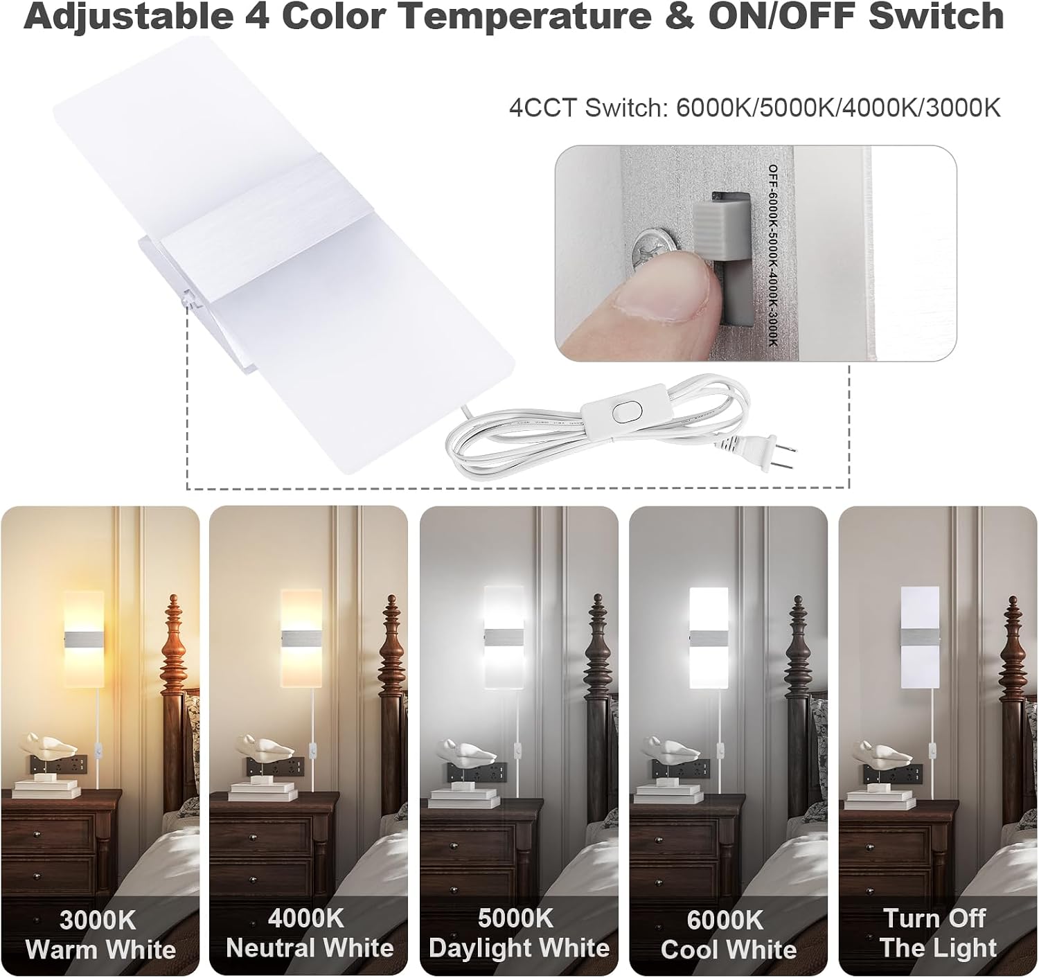 TRLIFE Wall Sconces Plug in, Adjustable 4 Color Temperature Modern LED Wall Sconce, 12W Acrylic Wall Mounted Light Set