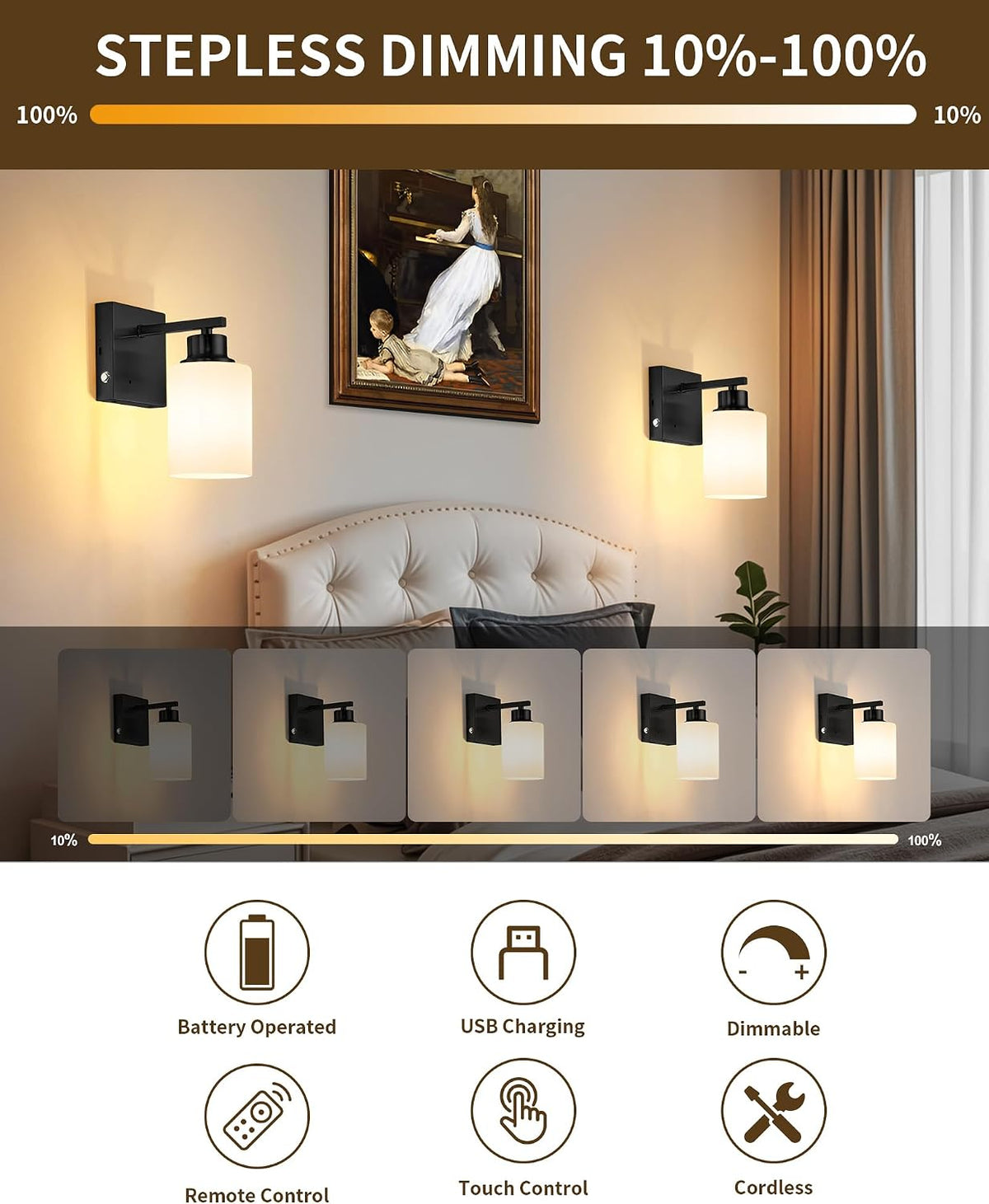 Wireless Battery Operated Wall Sconce Set of Two, Modern White Glass, Black | Dimmable, Easy Install Rechargeable Wall