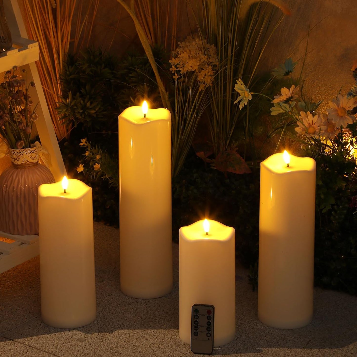 Rossesay 8" 10" 12" 14" x 4" Large Waterproof Outdoor Flameless Candles, 4 Pcs LED Pillar Candles with Remote and
