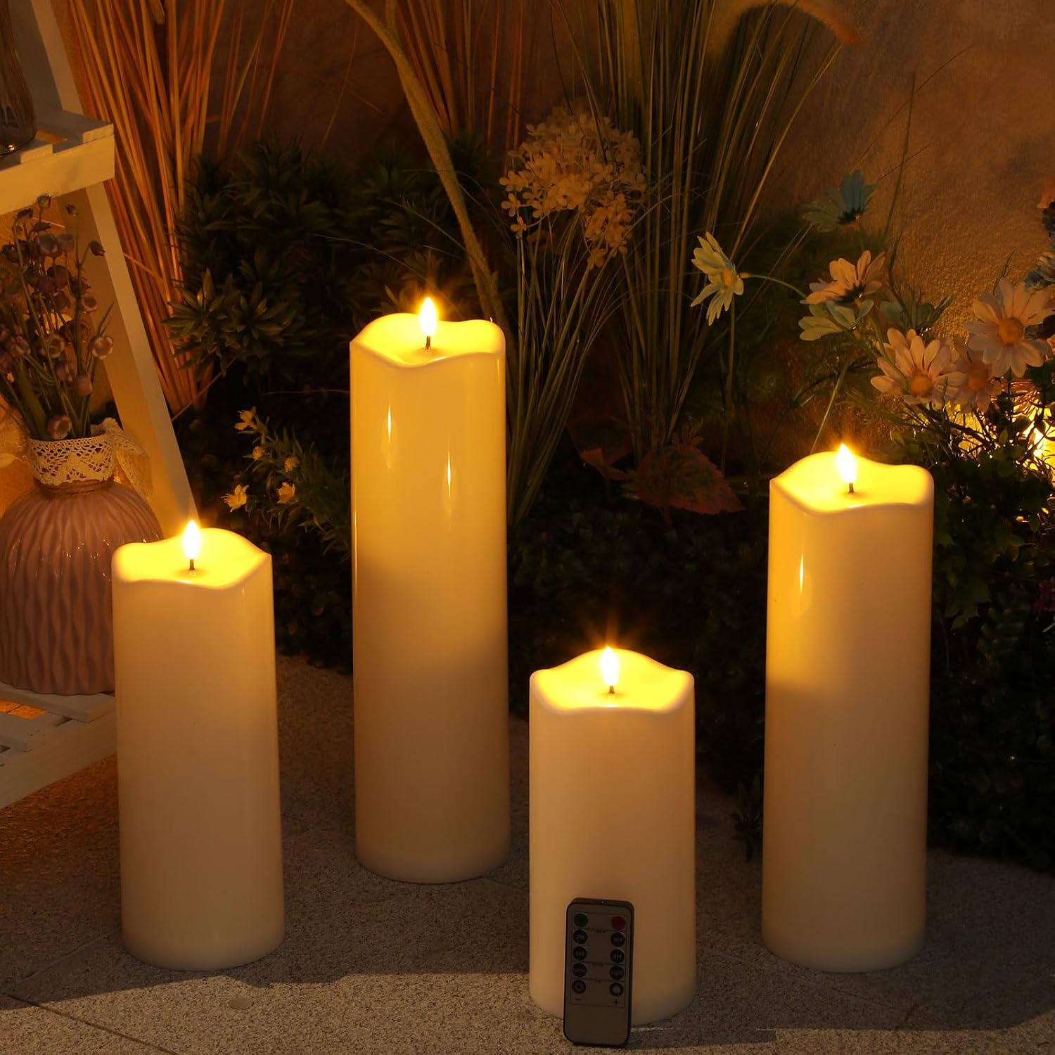 Rossesay 8" 10" 12" 14" x 4" Large Waterproof Outdoor Flameless Candles, 4 Pcs LED Pillar Candles with Remote and