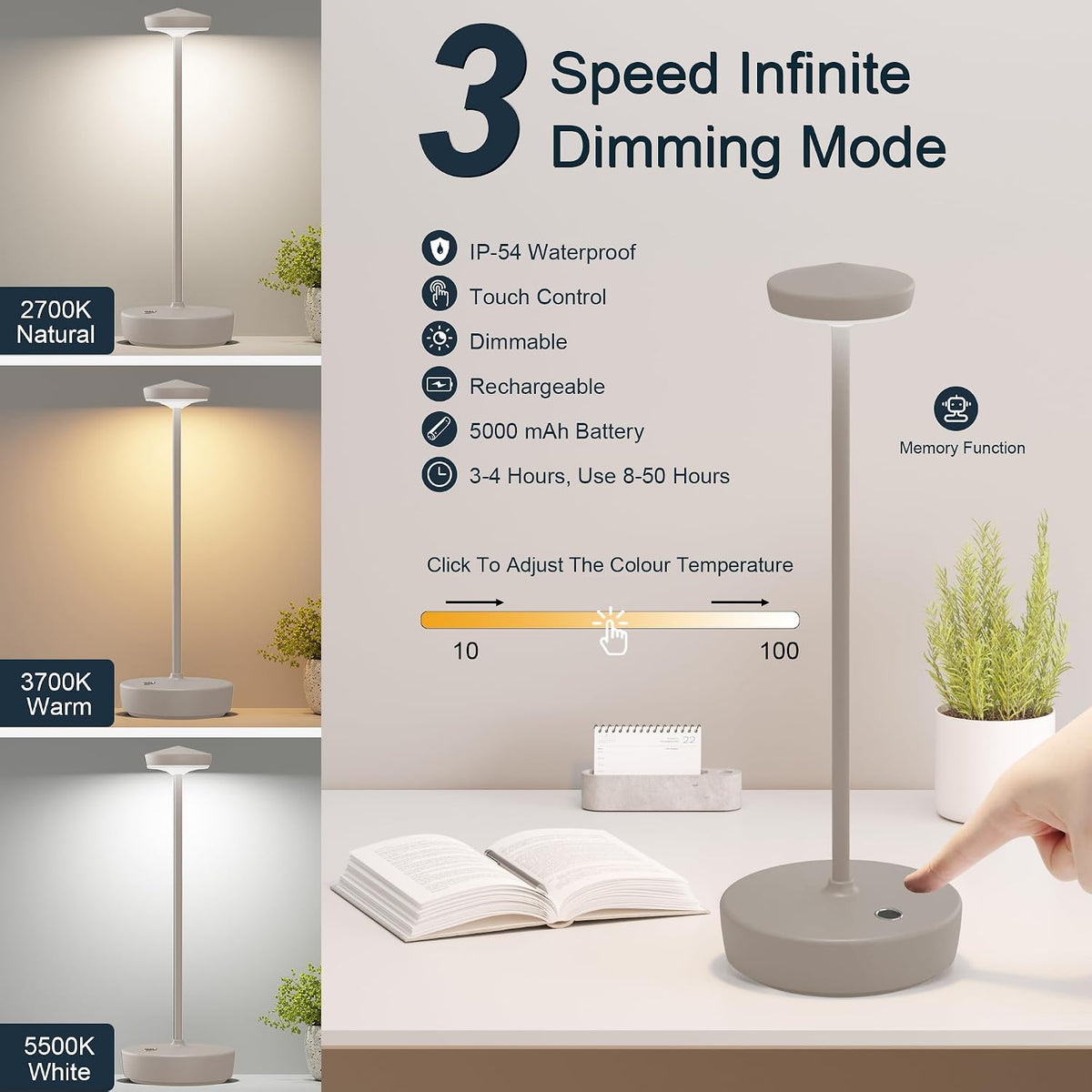 Cordless Rechargeable Table Lamp,LED Portable Touch Battery Table Lights | Portable Touch Table Lamps with Memory