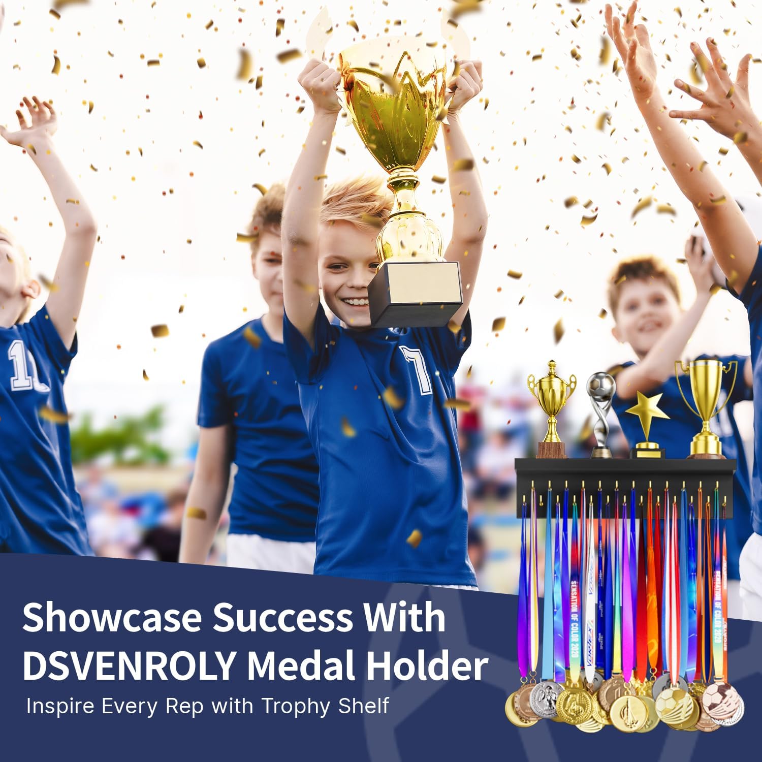 Medal Holder Display Trophy Shelf Organizer, Sturdy Wooden Race Award Hanger Rack with 25 Steel Hooks, Wall Mount