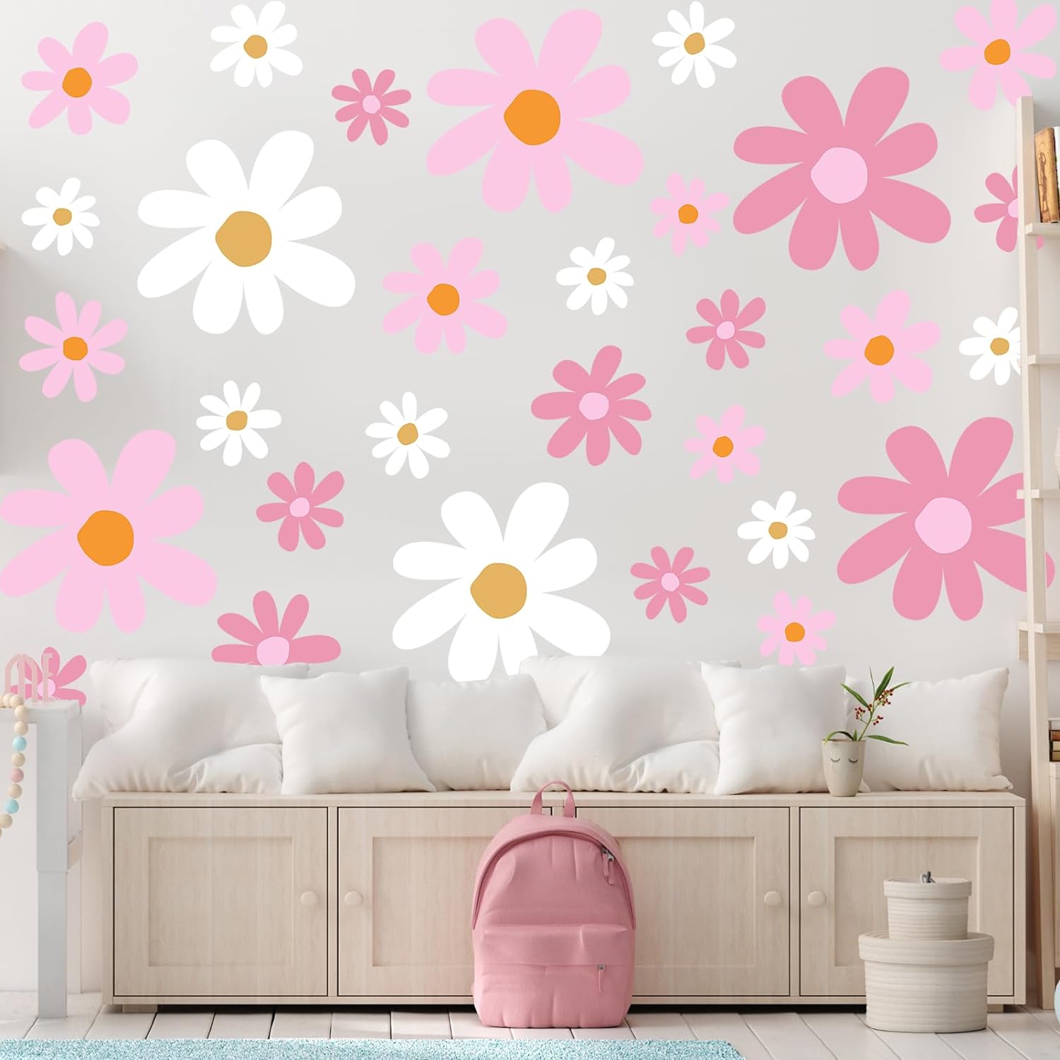 12 Sheet Daisy Wall Sticker Decal Removable Daisy Bedroom Room Decor / Vibrant Style / Pink Color