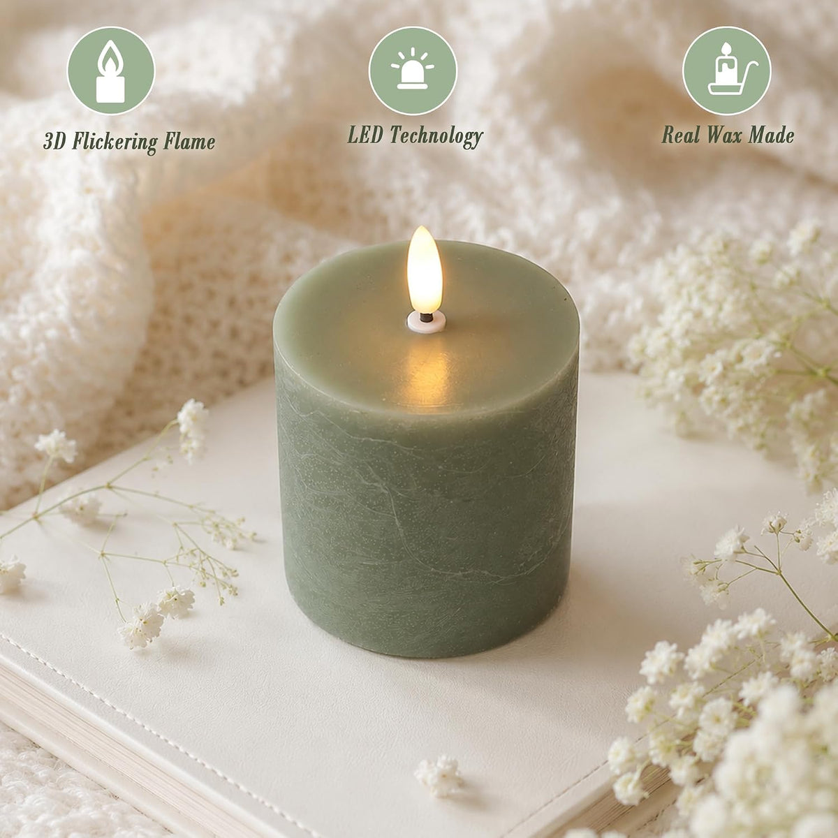 Olive Green Flameless Pillar Candles, 3 x 3 Inch, 3 Pack with Remote | Battery operated candles with remote and timer