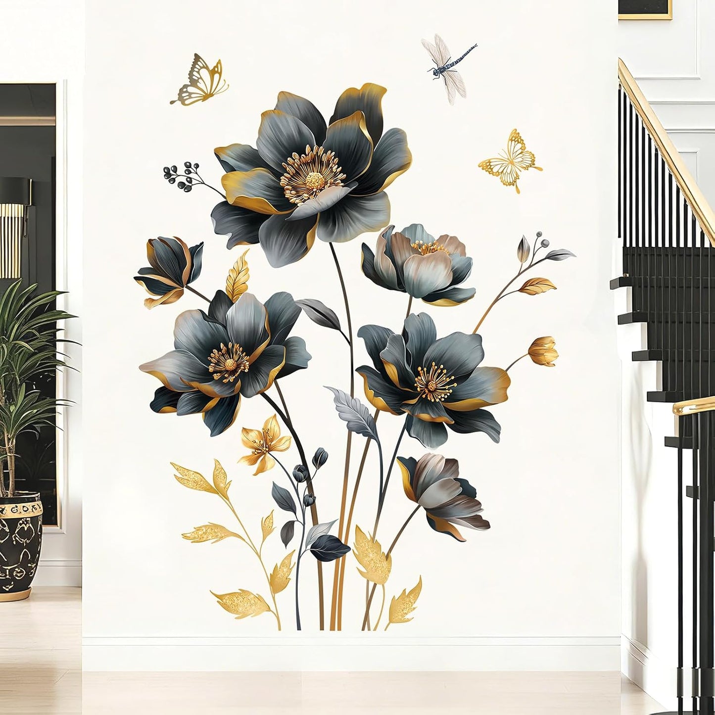 Gold Flowers Wall Stickers 3D Floral Butterfly Peel and Stick Wall Art Decals / Black