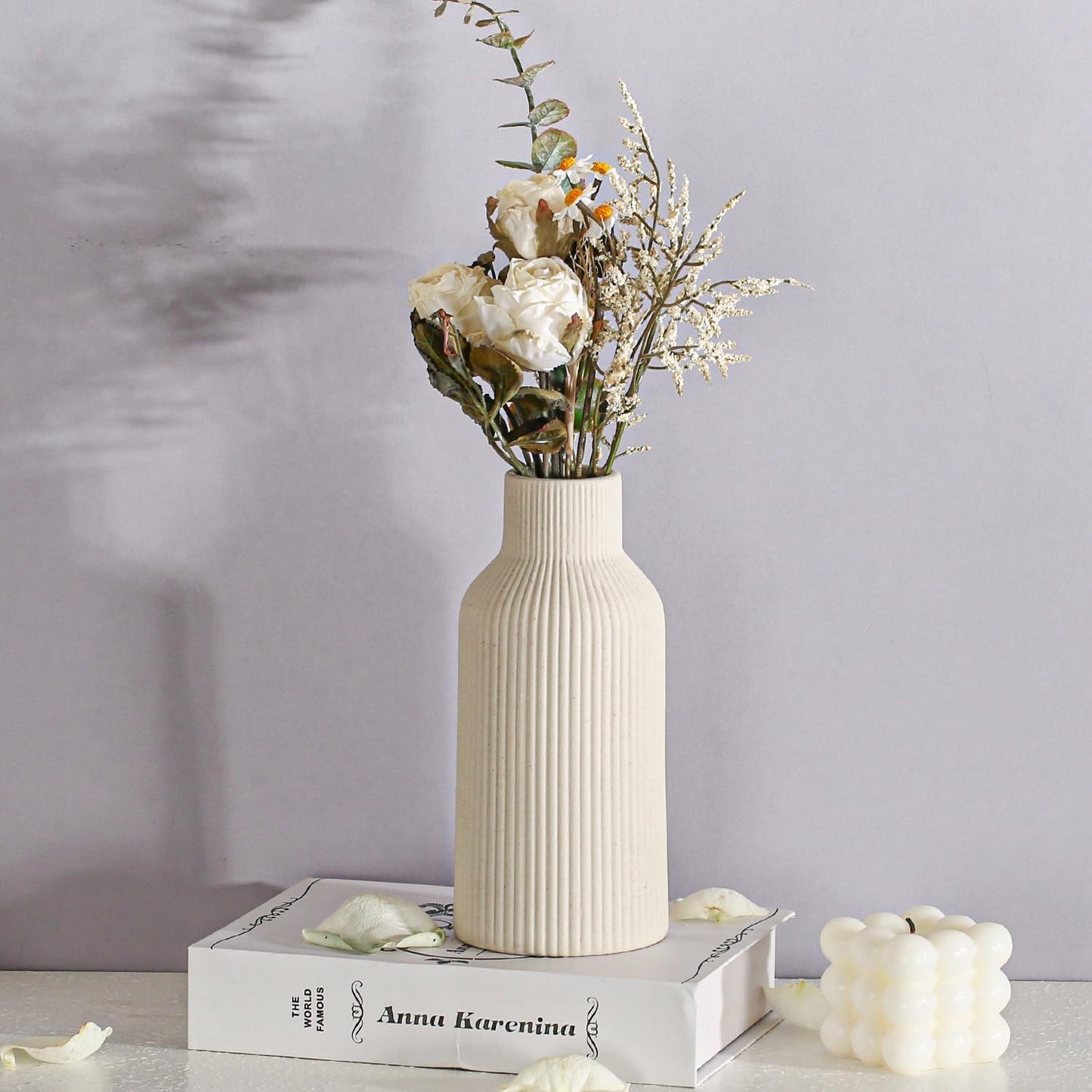 Bohemian Ceramic Vase / Beige / 7in
