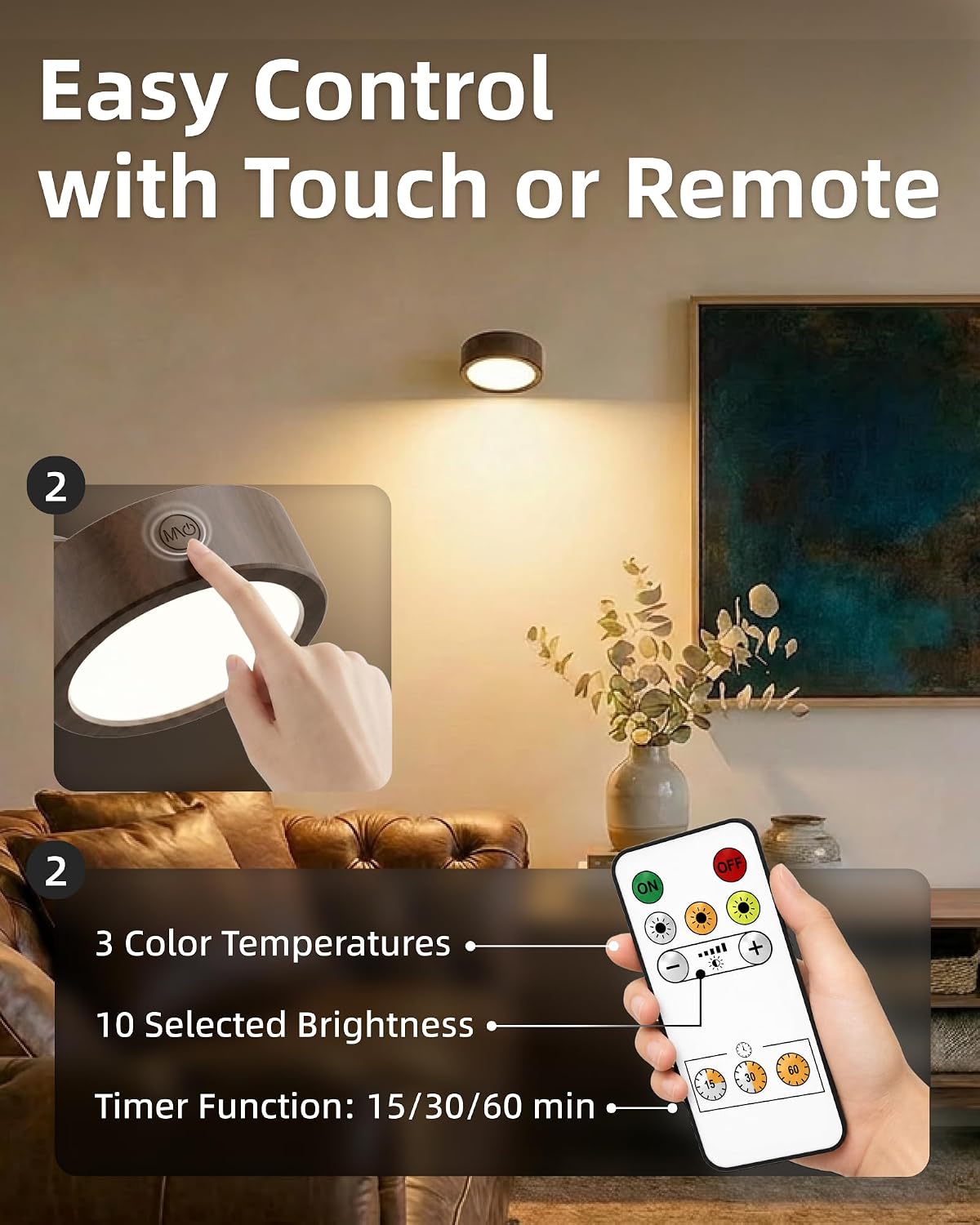 EZVALO LED Wall Mounted Light, 3000mAh Rechargeable Cordless Wall Sconce, Dimmable with Remote & Touch Control, 3 Color