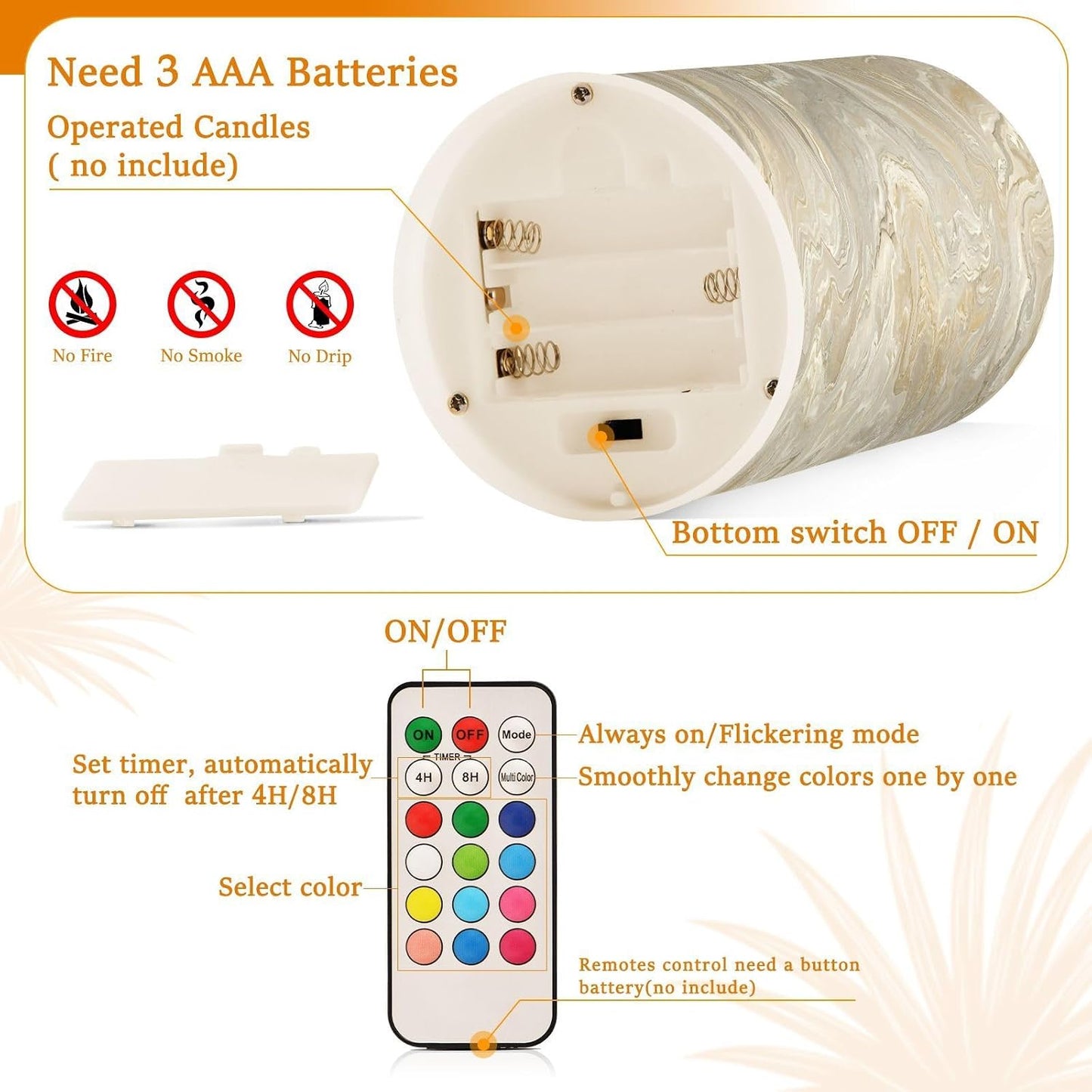 Flickering Flameless Candles, Gold Tile Marble LED Candles with Remote Timer, Set of 2 Battery Operated Candle for
