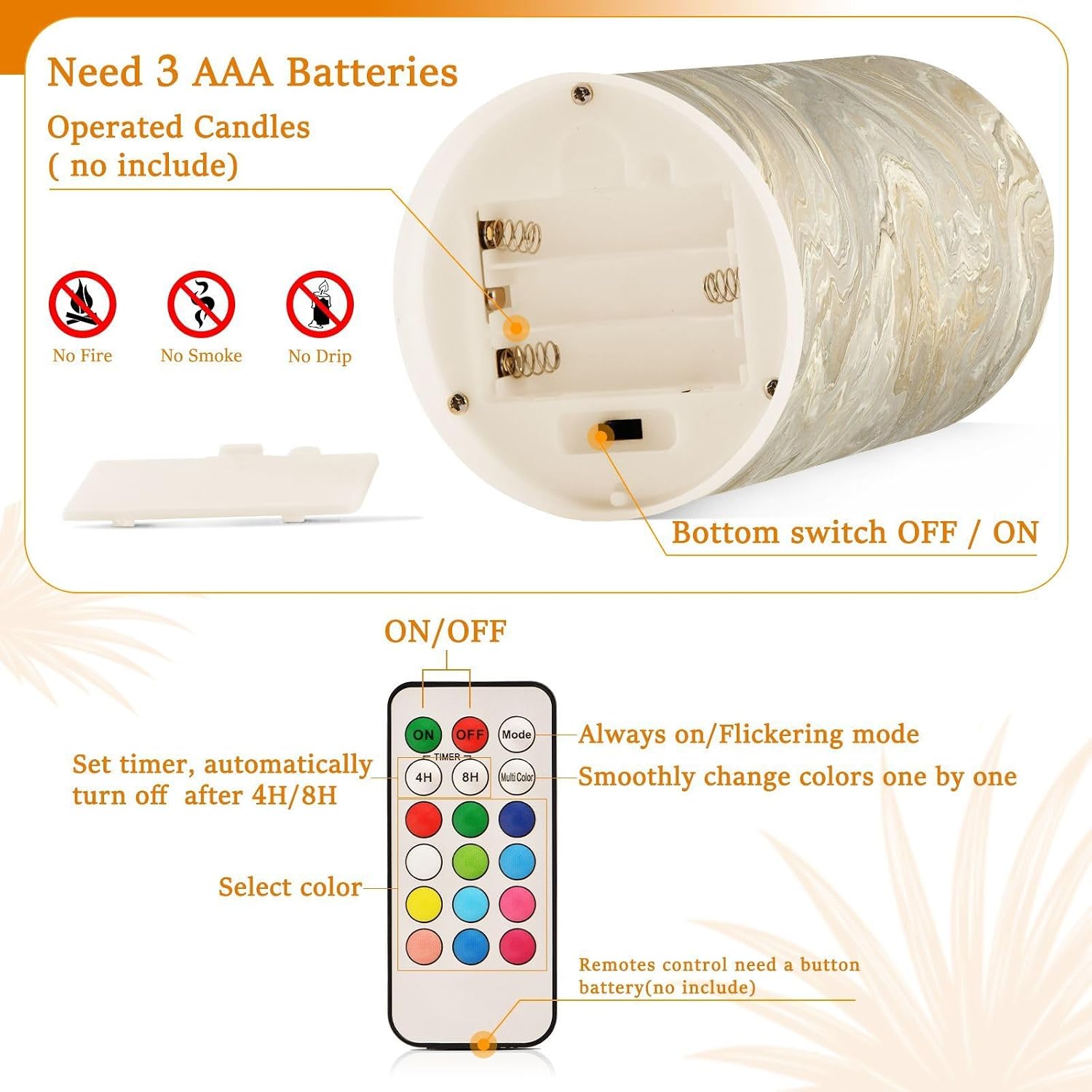 Flickering Flameless Candles, Gold Tile Marble LED Candles with Remote Timer, Set of 2 Battery Operated Candle for