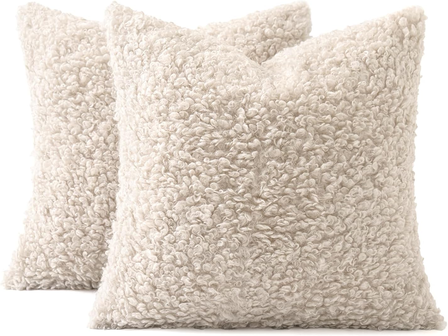 Faux Fur Throw Pillow Covers Boucle Decorative Sherpa / 20 x 20 / Neutral Light Beige / Set of 2