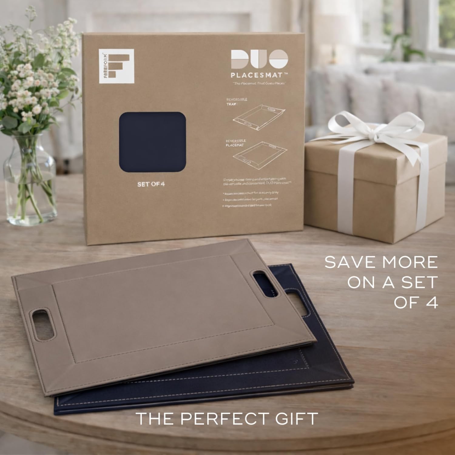 PLACEsMAT 2-in-1 Faux Leather Placemat & Serving Tray / Blue & Taupe / Set of 4