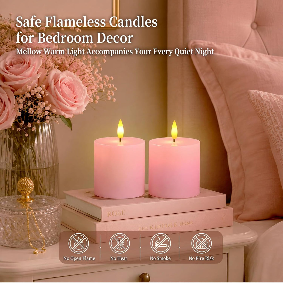 Homemory 3x3 Pink Flameless Candles Battery Operated with Remote Timer | Real Wax LED Pillar Candle with 3D Wick Flame