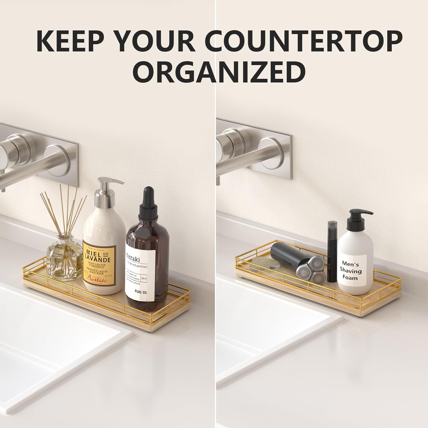 Oak Wood Vanity Tray / Gold & Oak / 11 x 4.5 x 1.5