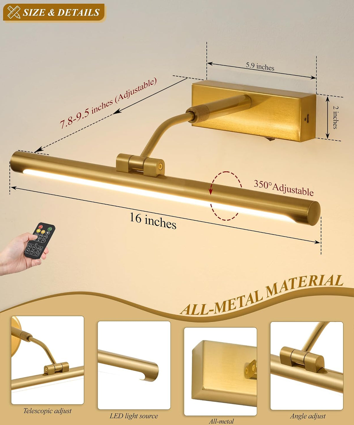 Picture Lights for Wall Battery Operated,16 Inch Wireless Rechargeable Art Lights for Pictures,3CCT Dimmable