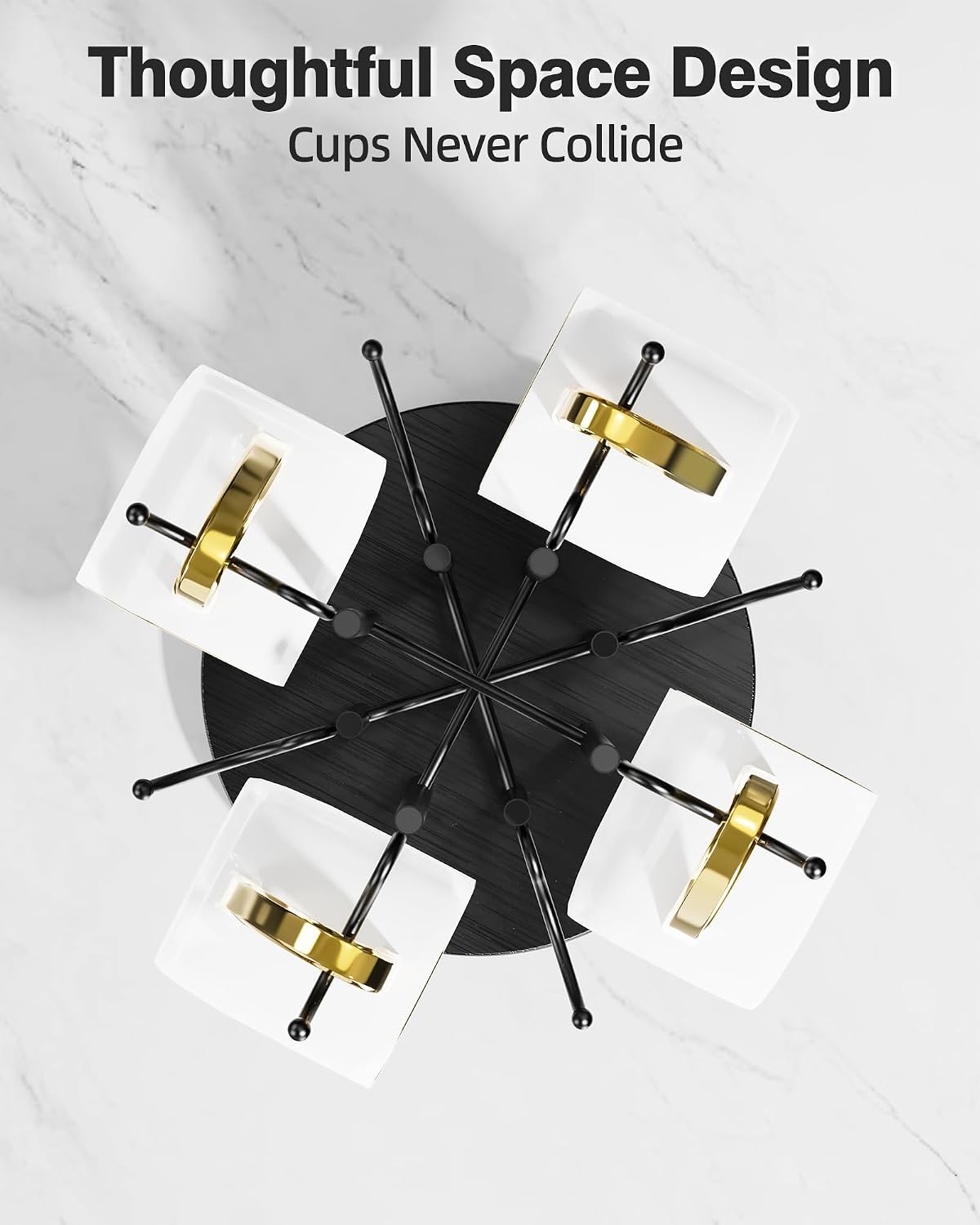 8-Hook 360° Rotating Large Coffee Mug Tree for Counter, Wood Base, Black | 360° rotation, 8 mugs (12-16oz), 5.7"