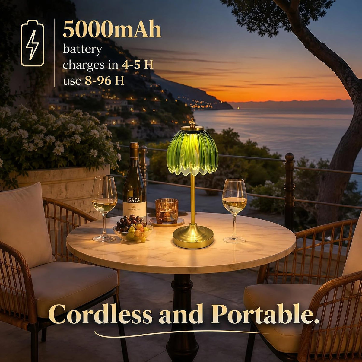 EJQ Glass Tulip Rechargeable Table Lamp, Cordless Flower Table Light -Green | Handcrafted green glass shade; aluminum