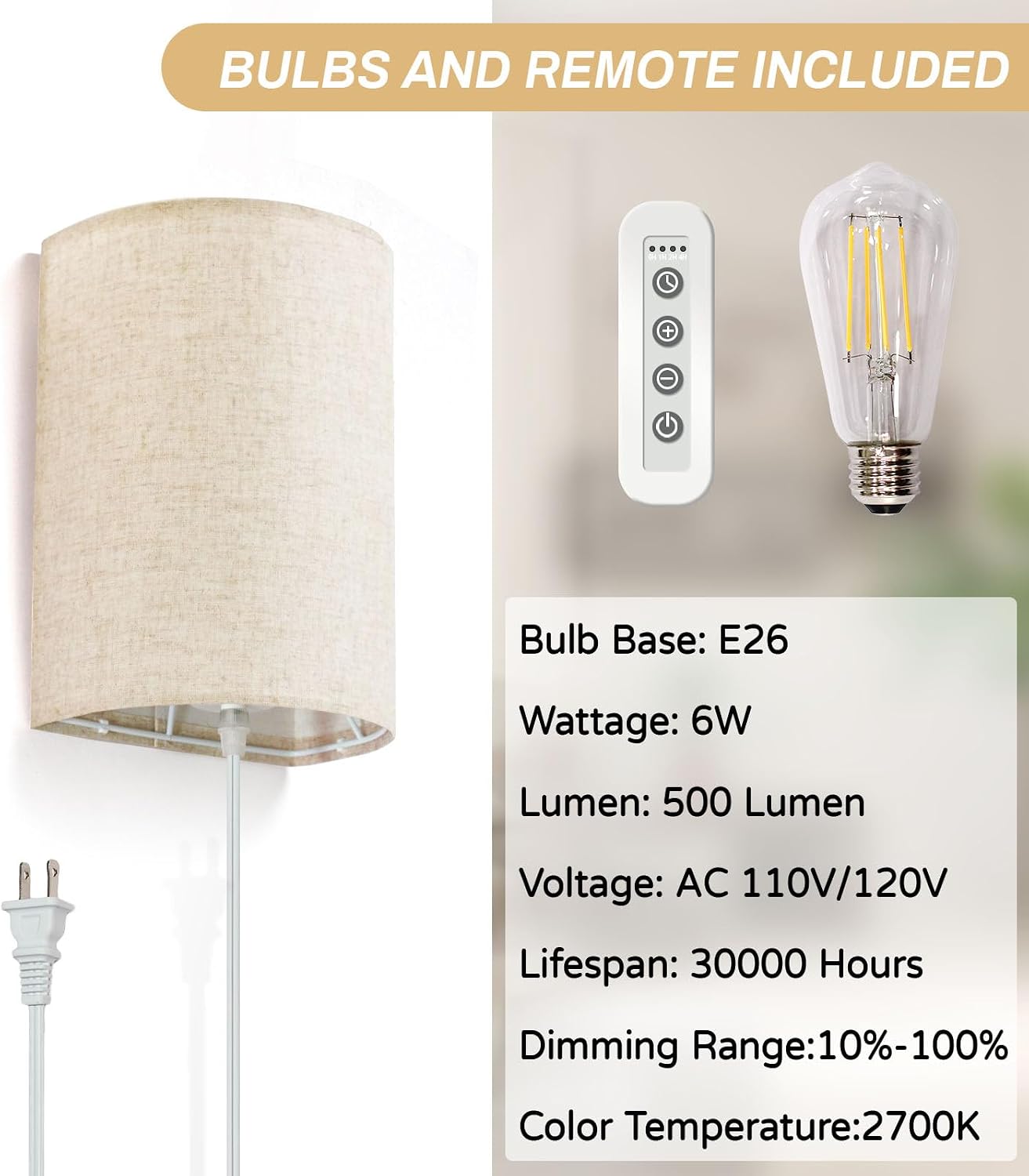 FINCMY Wall Sconce Light Plug in, Dimmable Sconces Wall Decor Set of 2, Stick on Wall Lights for Bedroom Living Room