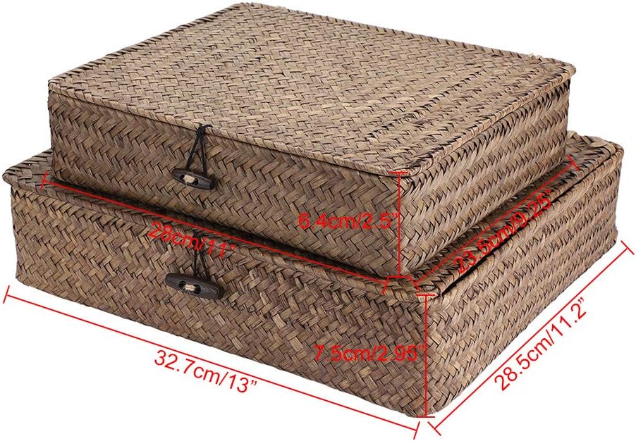 Flat Woven Wicker Storage Bins / Small+large / Coffee / Natural / Set of 2