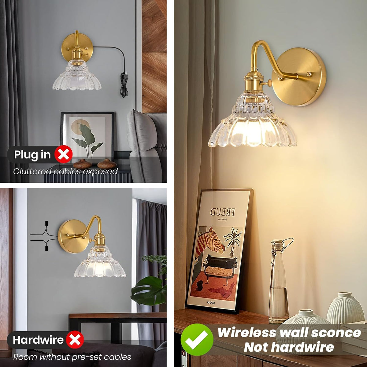 Vintage Battery Operated Wall Sconces Set Of Two, Indoor not Hardwired Brass Transparent Glass Lampshade Fixtures