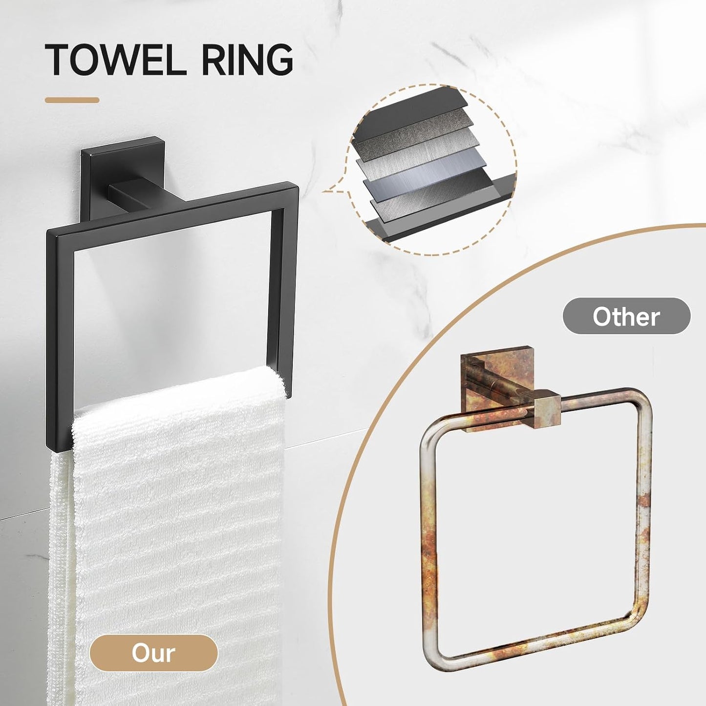 TQKAG Matte Black Bathroom Hardware Accessories Set 10 Pieces, 23.6" SUS304 Stainless Steel Towel Bar Set Wall Mounted