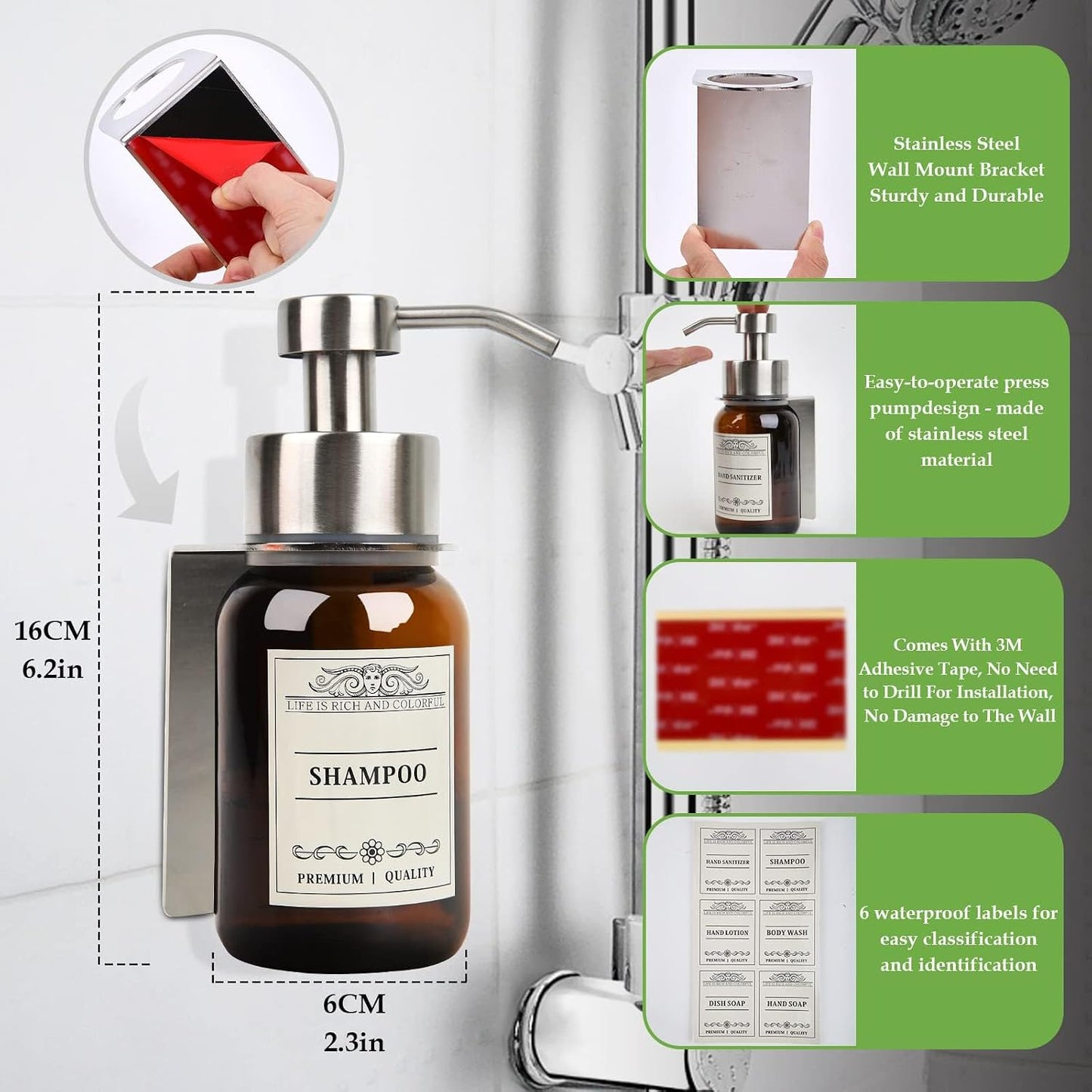Wall Mount Soap & Shampoo Dispenser, 8.5oz Silver Pump Bottle | silver & brown design with leakproof pump and