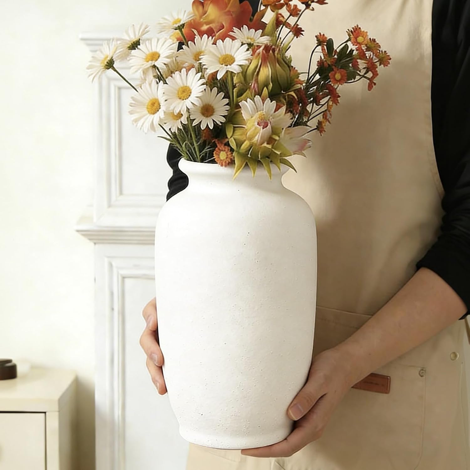 White Ceramic Vase-Boho Decorative Vase / White L