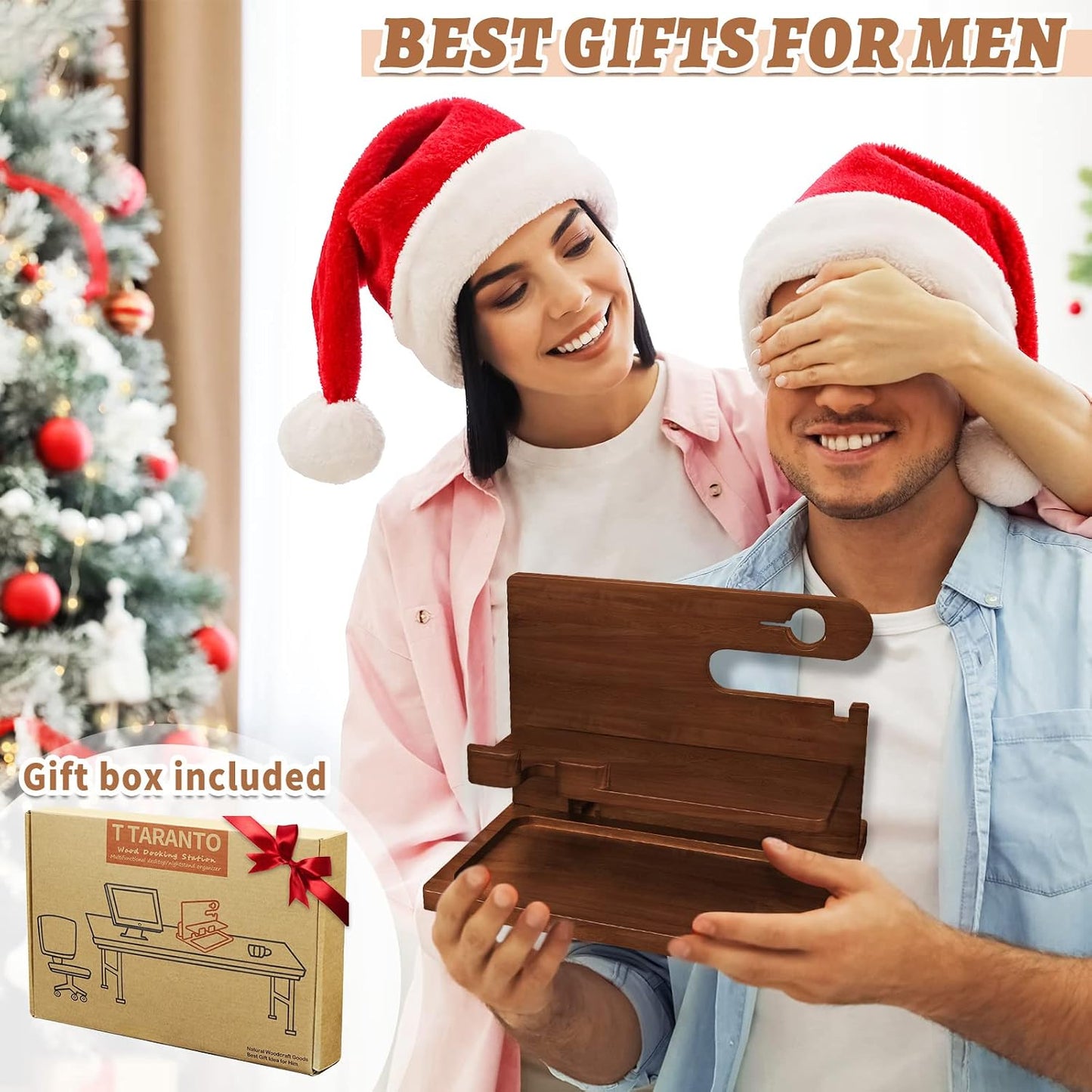 Wood Phone Docking Station - Nightstand Charging Organizer and Cell Phone Stand - Bedside Gift for Men