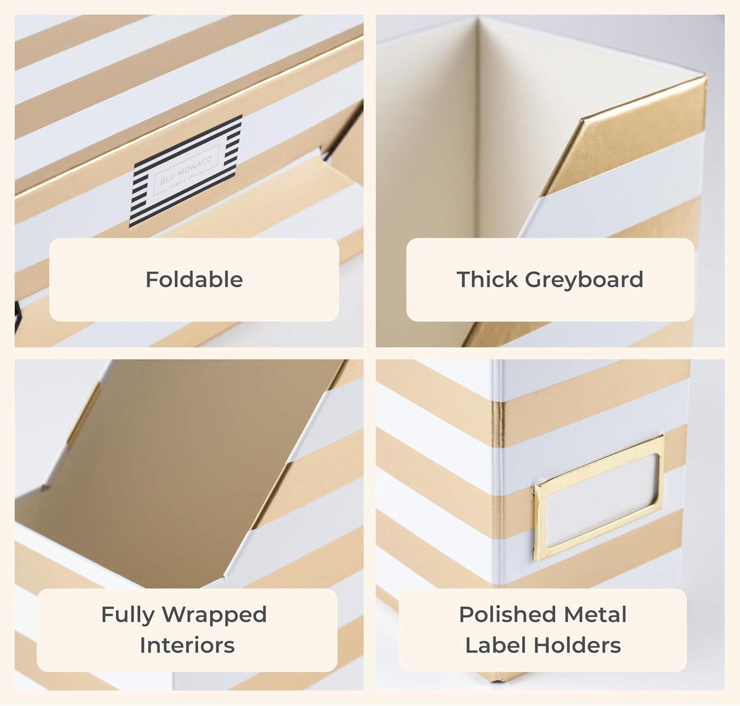 BLU MONACO | Cardboard Magazine File Holder Set of 4 Gold White Stripes | Vertical Magazine File Holder with Label