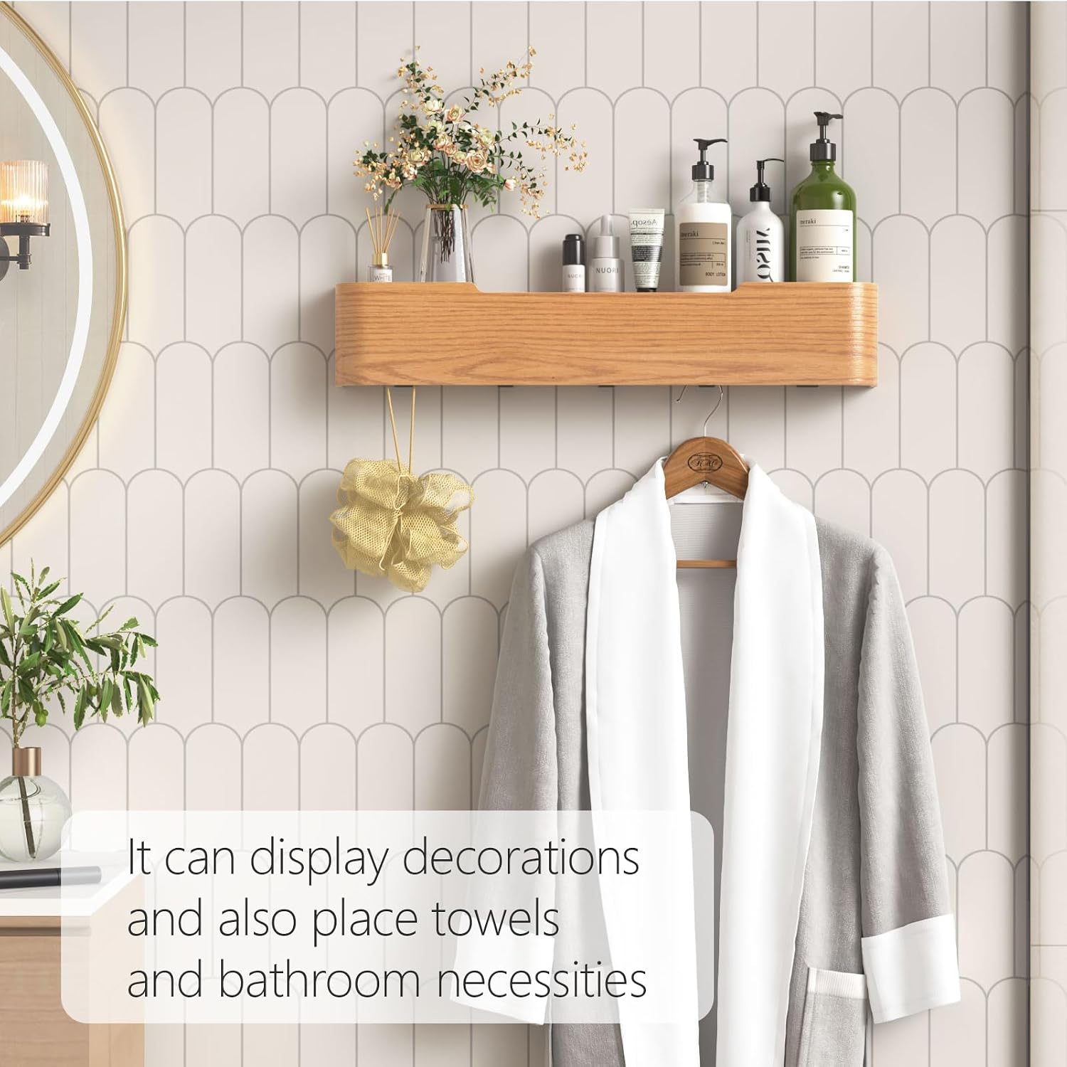 Coat Rack Wall Mount with Hidden Hooks Modern Key Holder Wood Entryway Hook with Shelf for Bedroom Kitchen Hallway