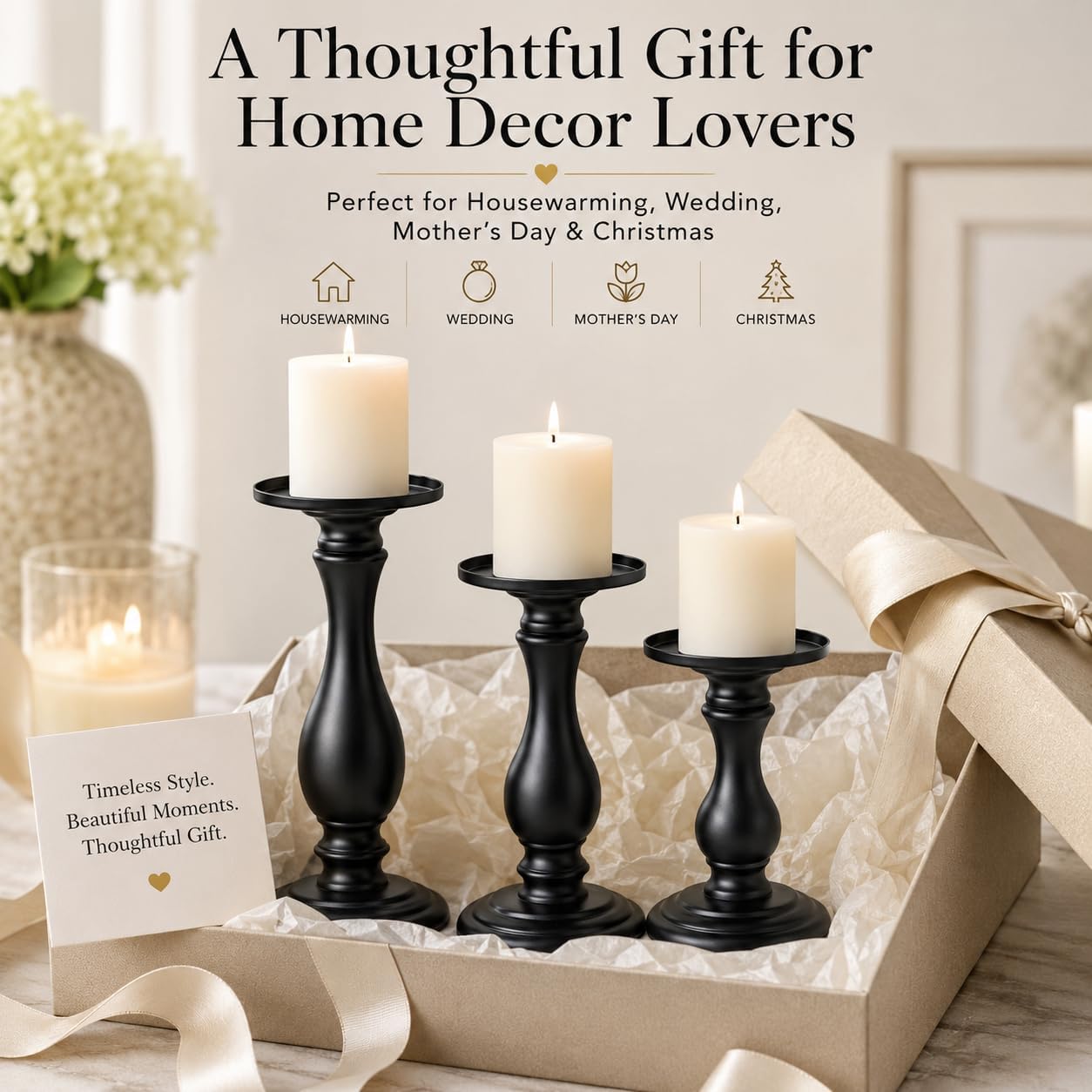 Matte Black Pillar Candle Holders Set of 3-10", 8", 6”H Candlestick Candle Holders Stand, Home Coffee Table Decor