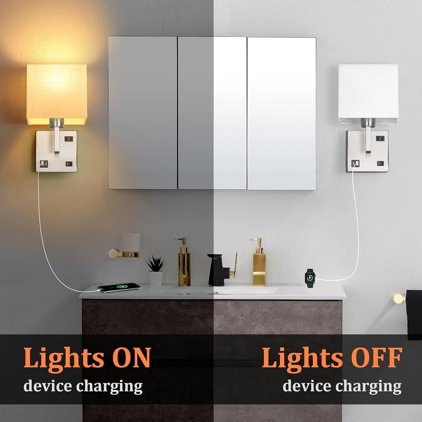 AVV Bedroom Sconces Set of 2, Wall Mounted Bedside Lamps with USB Port, AC Outlet and 3 Color Selectable
