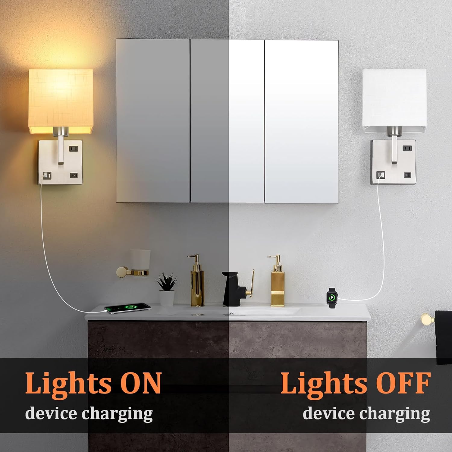 AVV Bedroom Sconces Set of 2, Wall Mounted Bedside Lamps with USB Port, AC Outlet and 3 Color Selectable