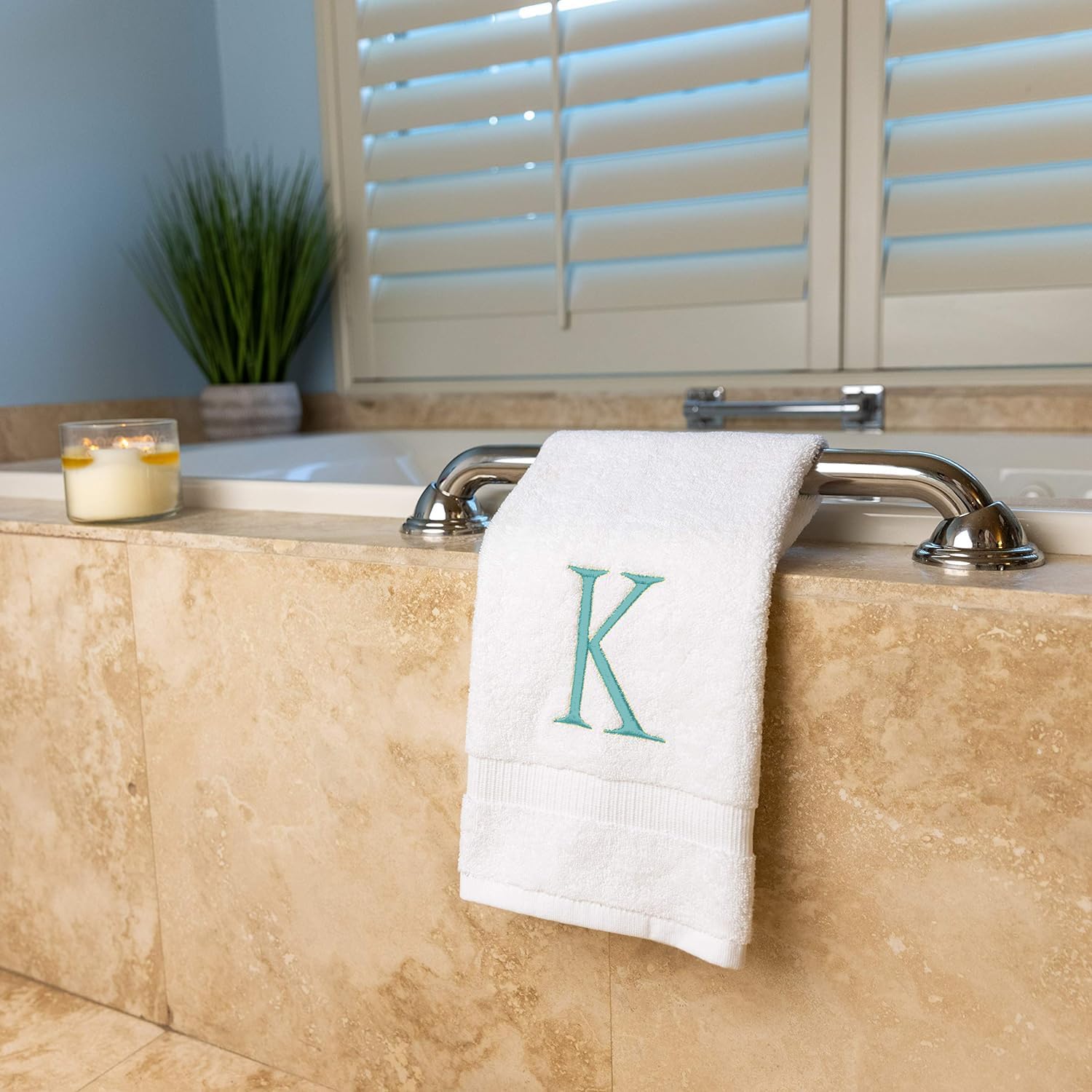 White with Teal Monogrammed Hand Towels for Bathroom - Set of 2 Letter K | Luxury Hotel Quality Initial Towels For