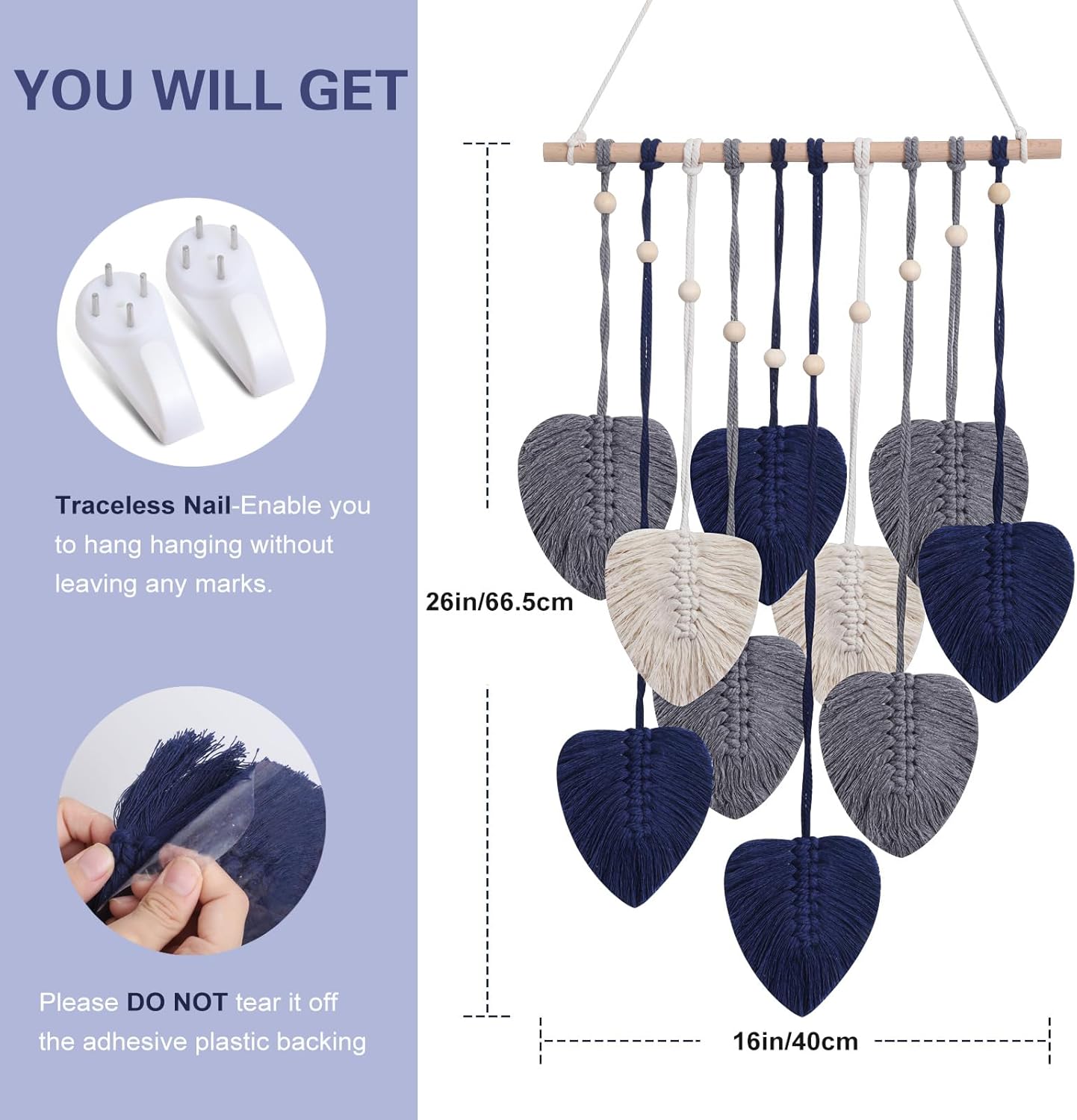 Macrame Wall Hanging Decor Leaves Tapestry / Blue