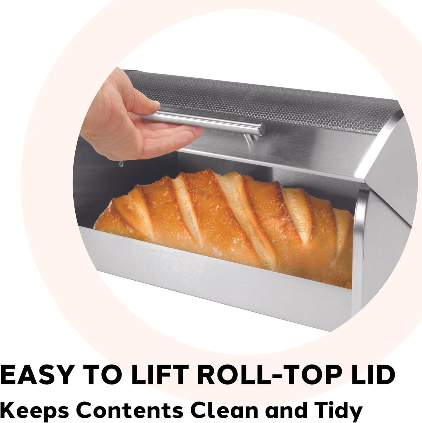Oggi Stainless Steel Roll Top Bread Box for Kitchen Countertop with Tempered Glass Lid - Fits Multiple Large Loaves of