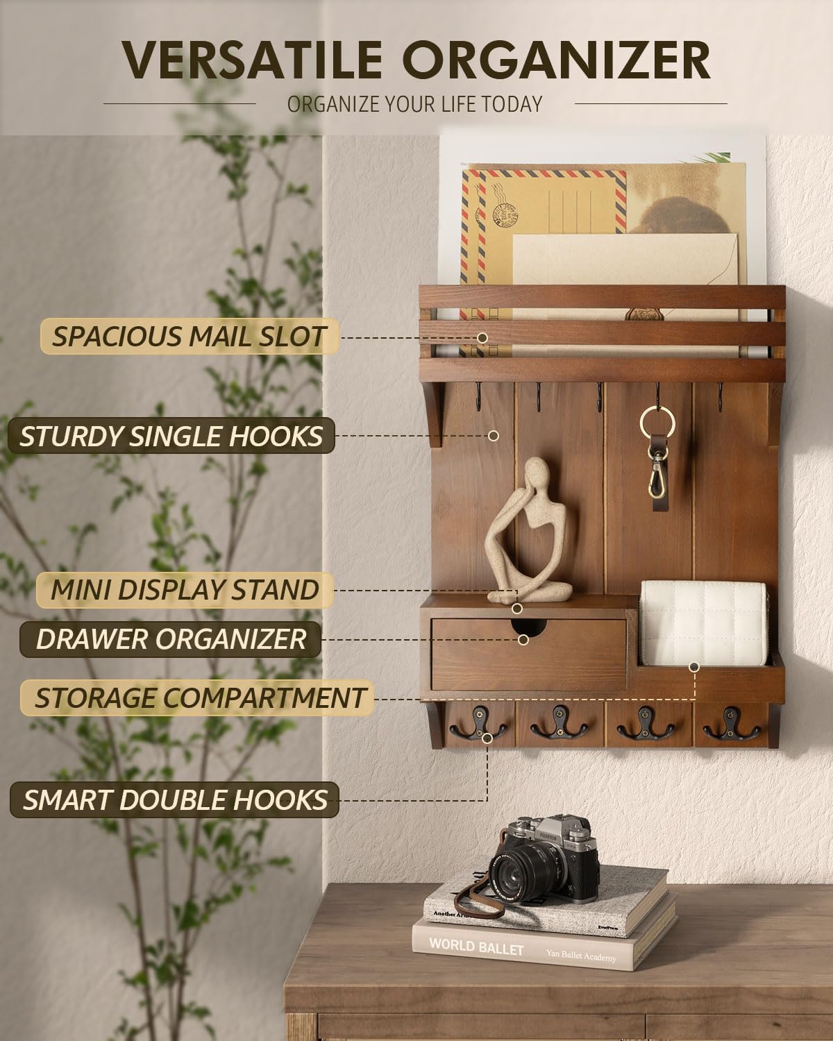 Farmhouse Key Holder Wall Mount / Brown / Small Drawer