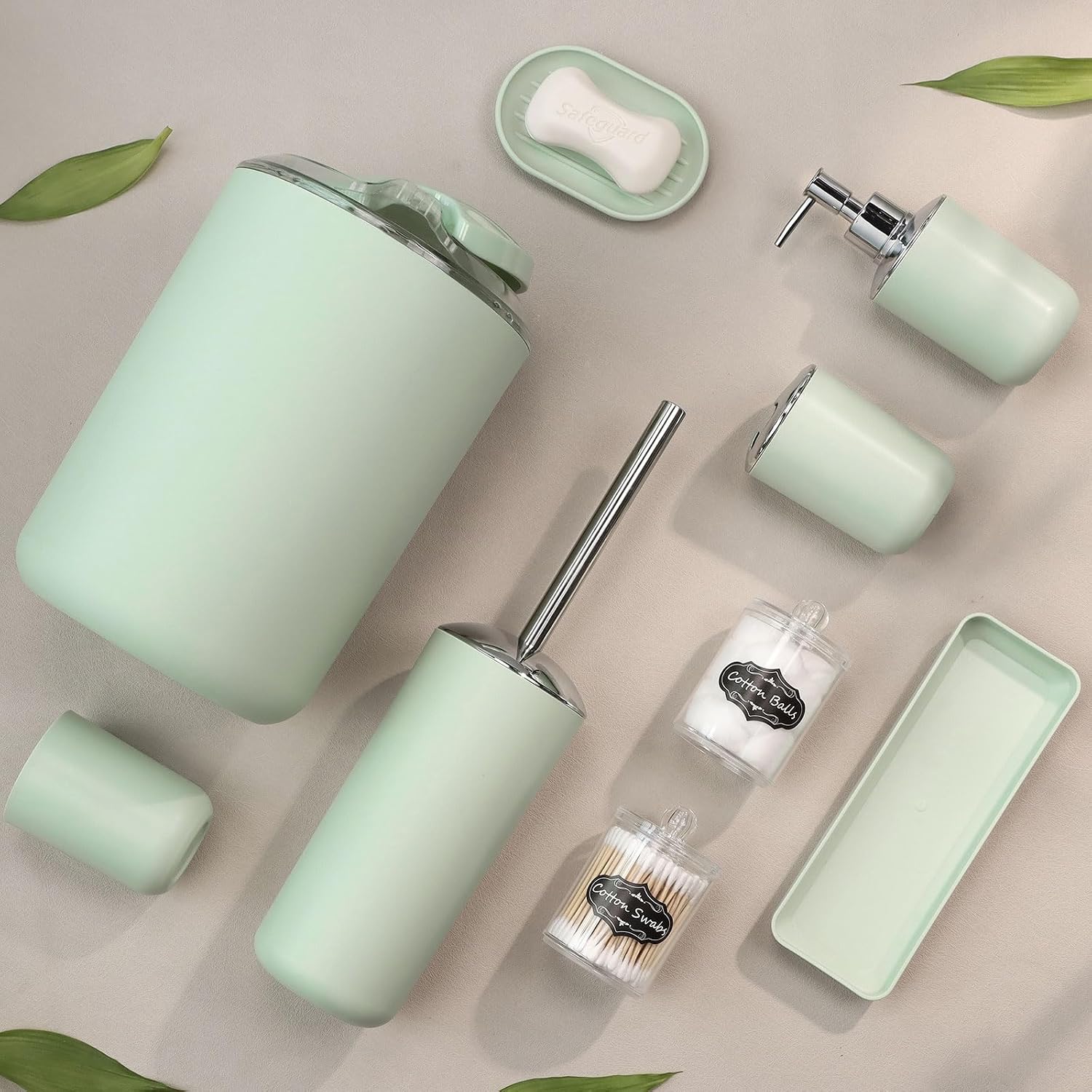 IMAVO Bathroom Accessories Set,Green Bathroom Set,9 Pieces Bathroom Accessory Set,Tray,Qtip Holders,Toilet Brush,Trash