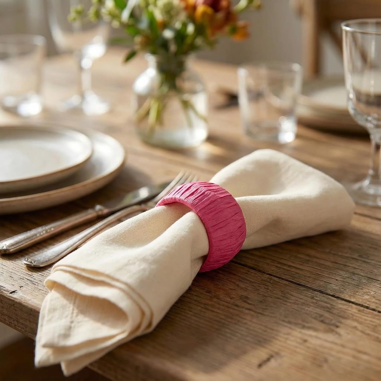 GURU JEE™ Handmade Raffia Rattan Napkin Rings Pink Set of 24 Everyday Use Dining Party Tabletop Décor Gifts Napkin
