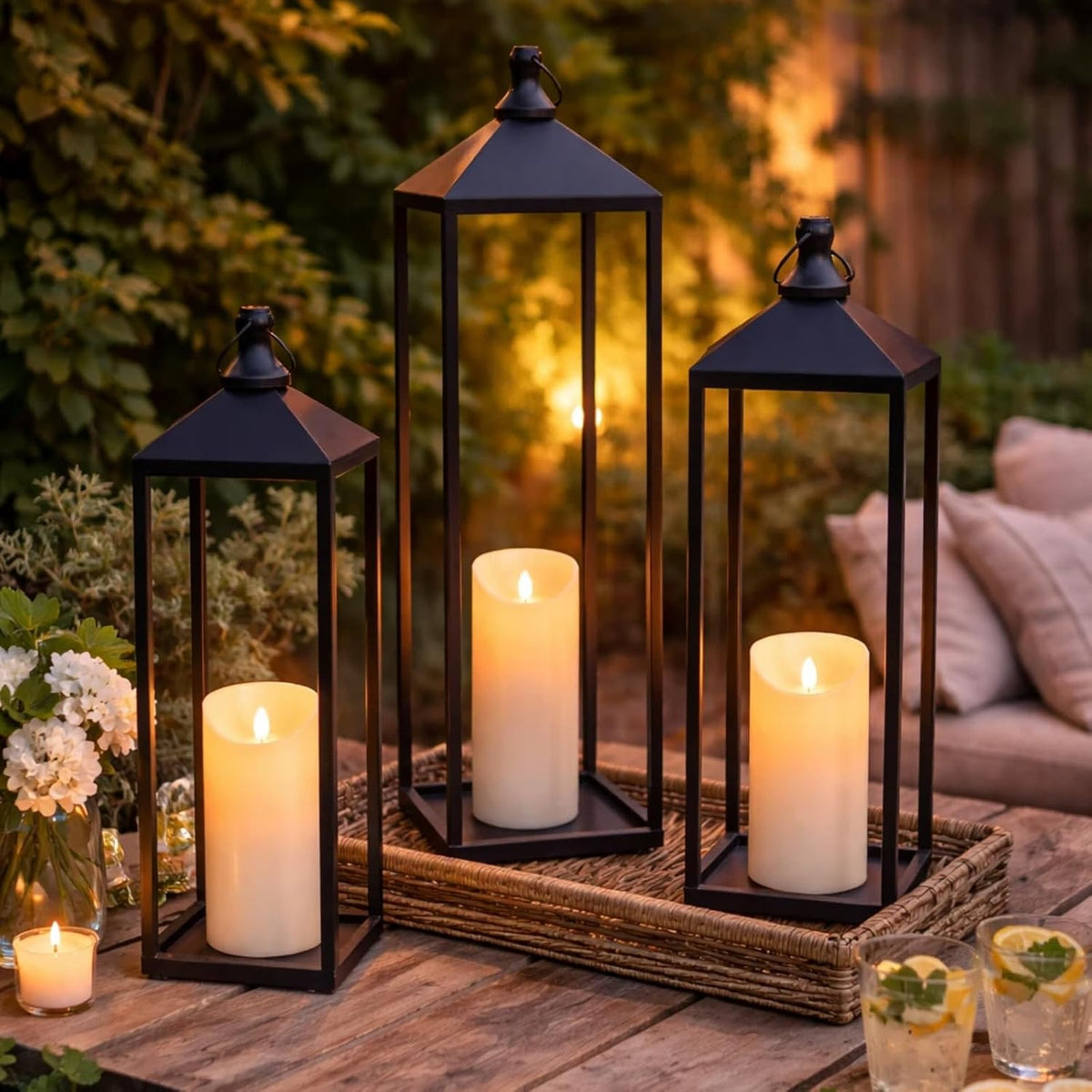 22'' 19'' 17'' Lanterns Decorative Outdoor Indoor, Set of 3 Floor Lanterns | Outdoor Lanterns with Candles, Glass-free