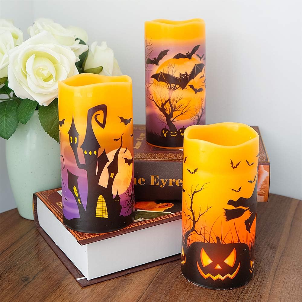 Halloween Decor Flameless Candles Battery Operated with 6H Timer | LED Pillar Candles Flickering, Real Wax 300 Hours