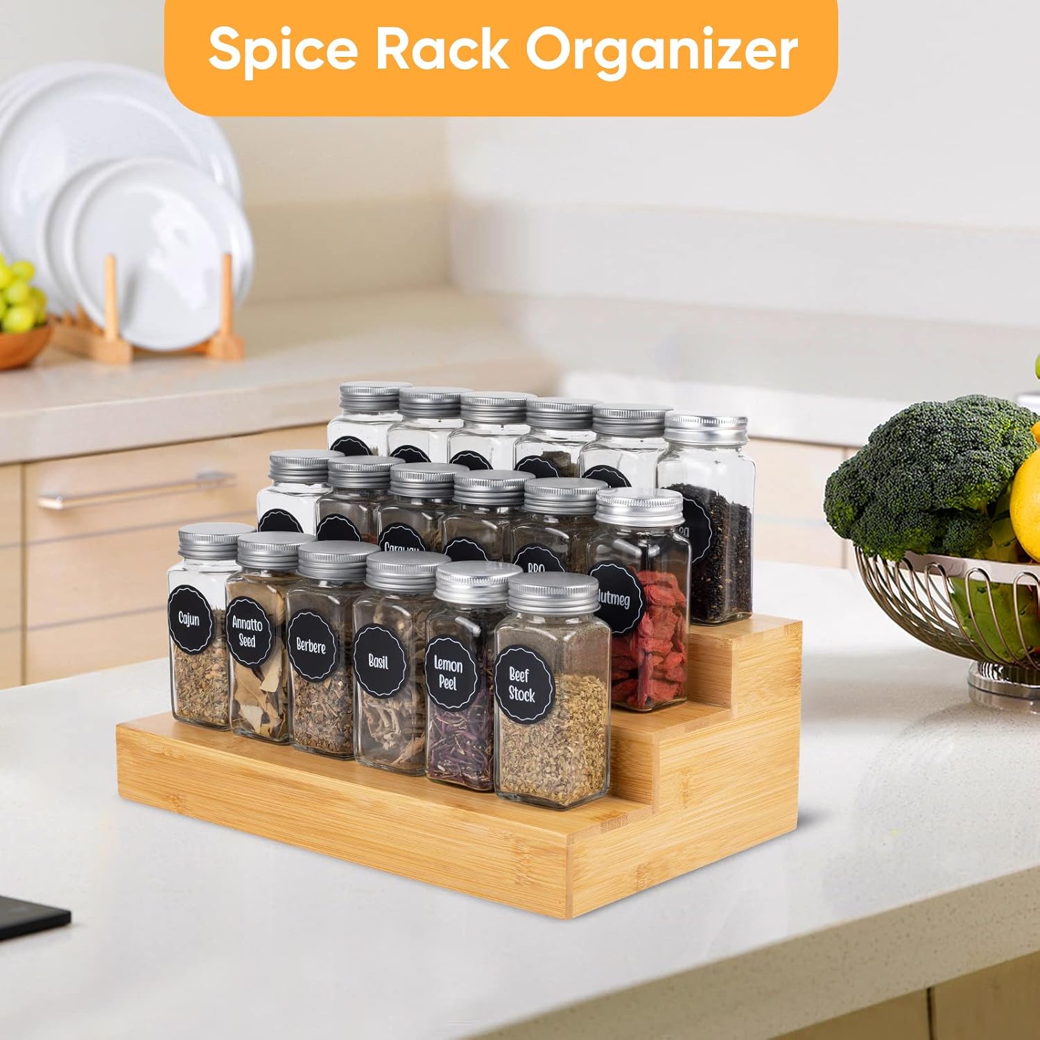 Bamboo Spice Rack Organizer for Cabinet 2 Pack - 3 Tier Countertop Step Shelf, Seasoning Storage Stand for Kitchen