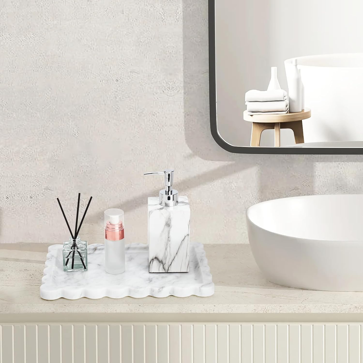 Real Natural Scalloped Marble Tray / White / 12 x 8 x 0.7