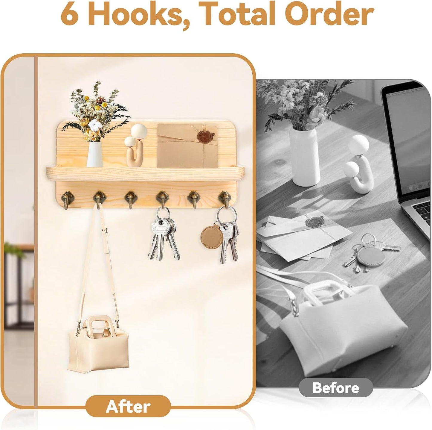 6 Hooks Wooden Hanging Key Rack / Wood Color