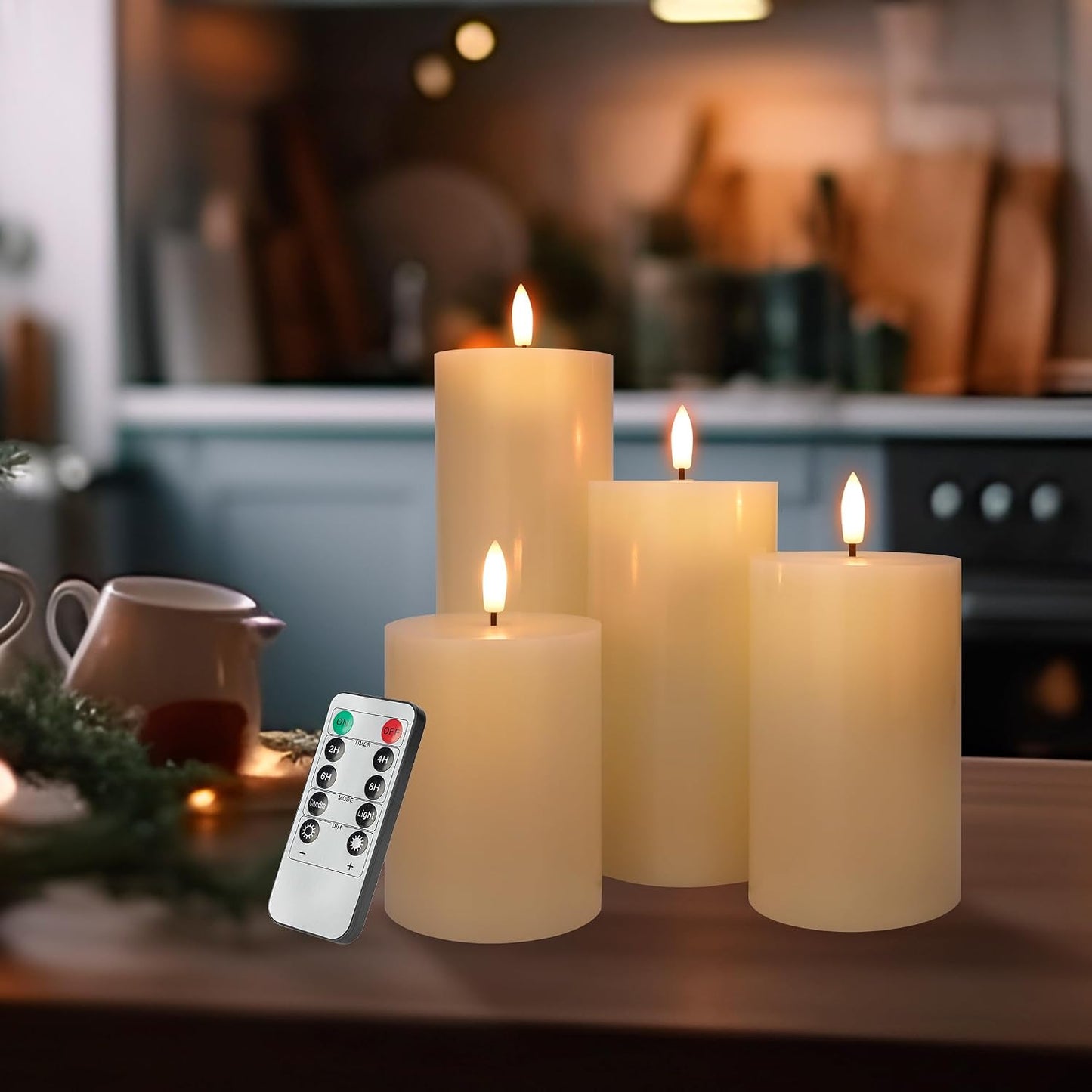 Flickering Flameless Candles, Battery Operated, Remote Timer, Set of 4 | Ivory LED Pillar Candles Flickering, Real Wax