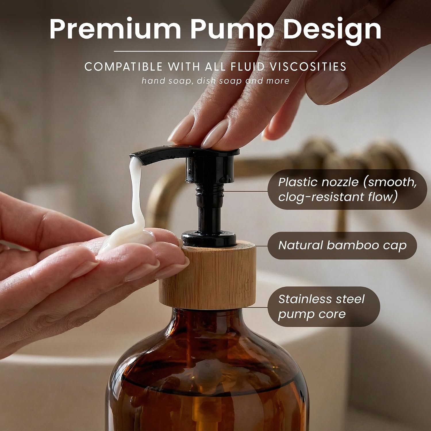 Maisonovo Dish Soap Dispenser Set - Amber Soap Dispenser Black Bamboo Pumps | Glass bottles for body wash, lotion