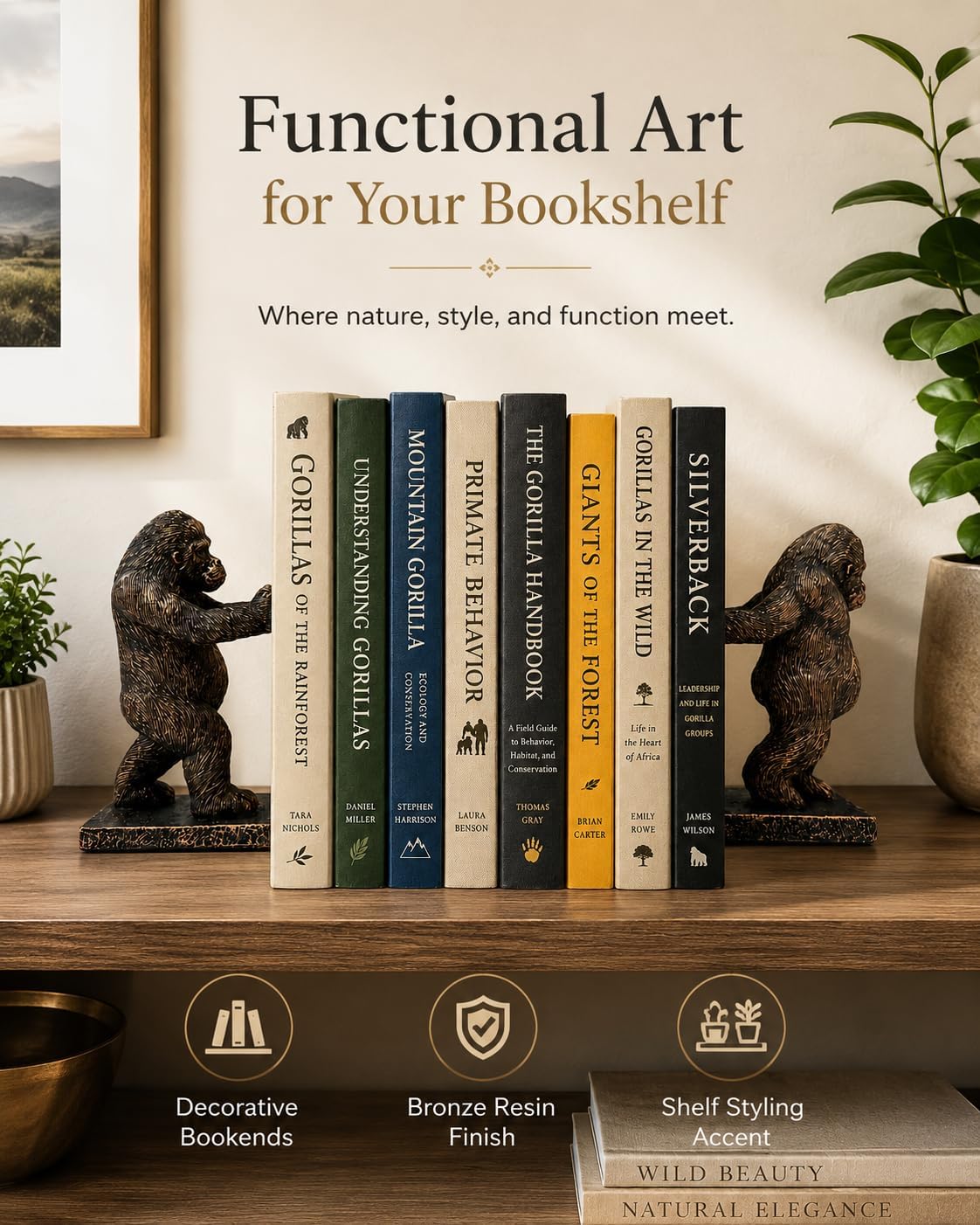 Resin Bookends / Realistic Heavy Animal Sculpture Decorative Book Ends / Gorilla / Bronze / Set of 2