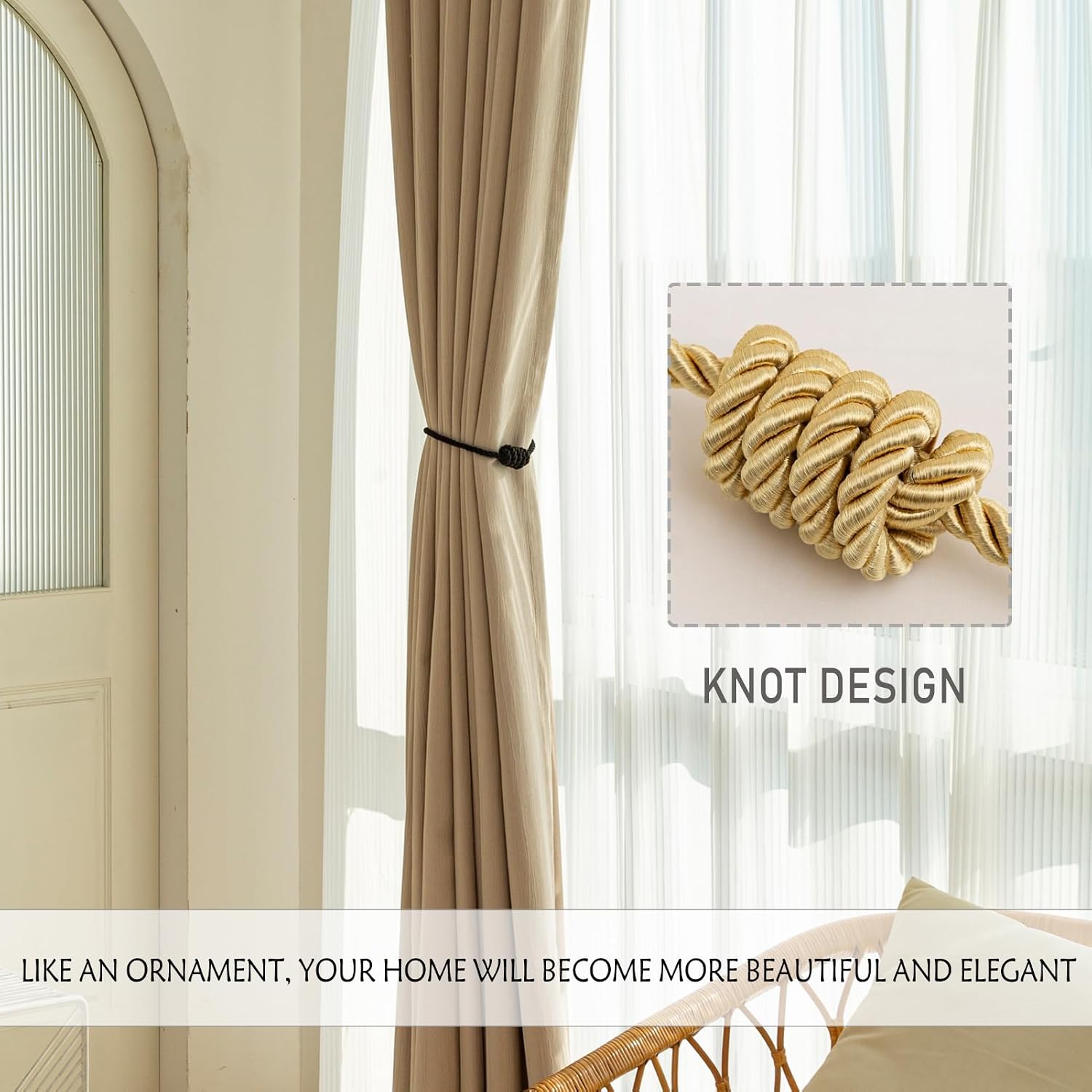 Curtain Tiebacks Magnetic Decorative Rope Tie Backs Holdbacks Contoeey | 8 Pack Gold Modern Elegant Window Treatment