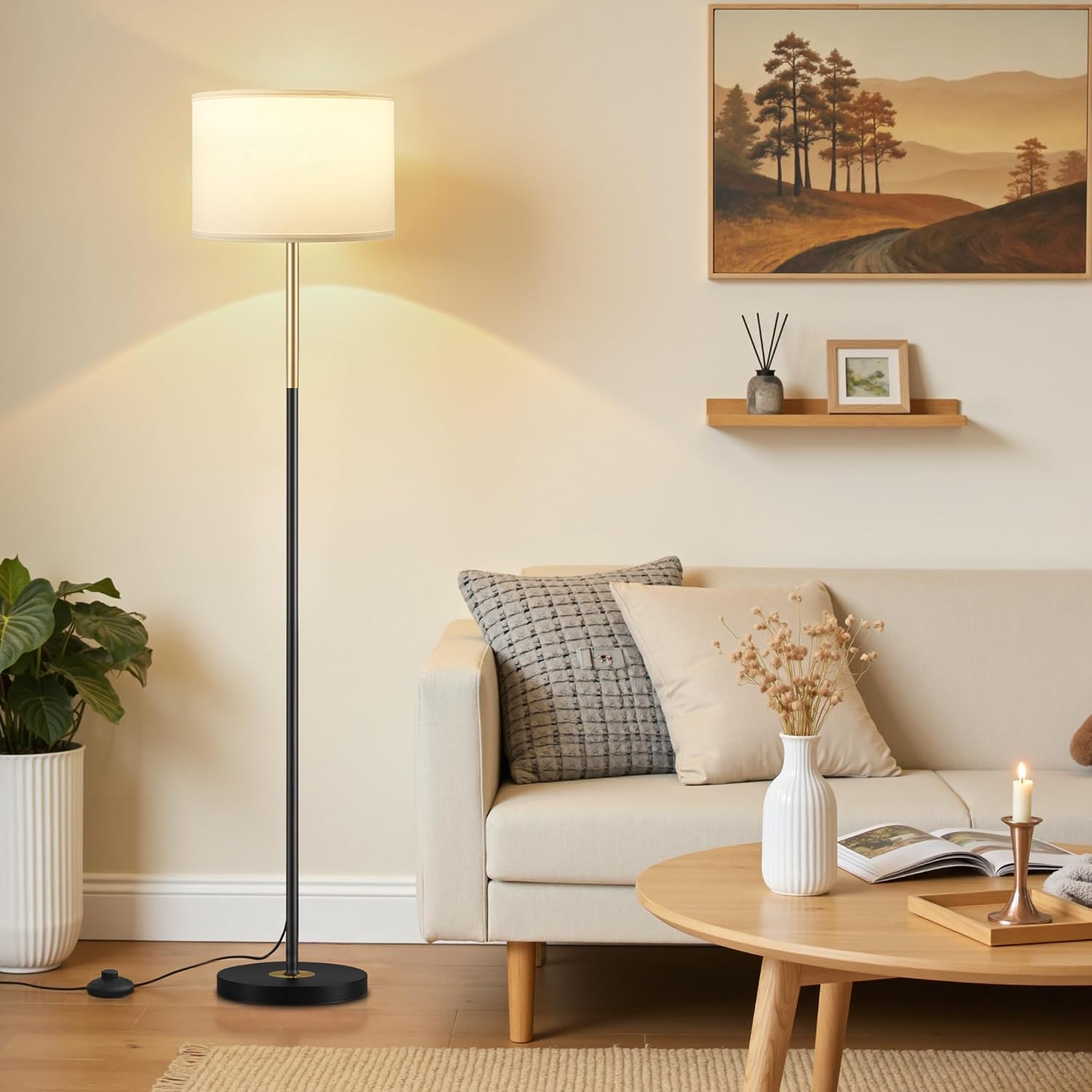 Ambimall 60'' Modern Floor Lamp with Shade, Tall Lamps for Living Room, Bedroom, Office, Dining Room, Gold & Black Lamp