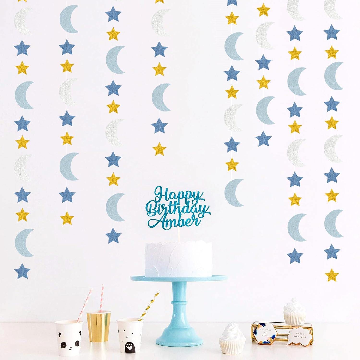 Blue-Gold Silver Party-Decorations Moon-Star Garland / Gold Silver Blue / 62 Inch