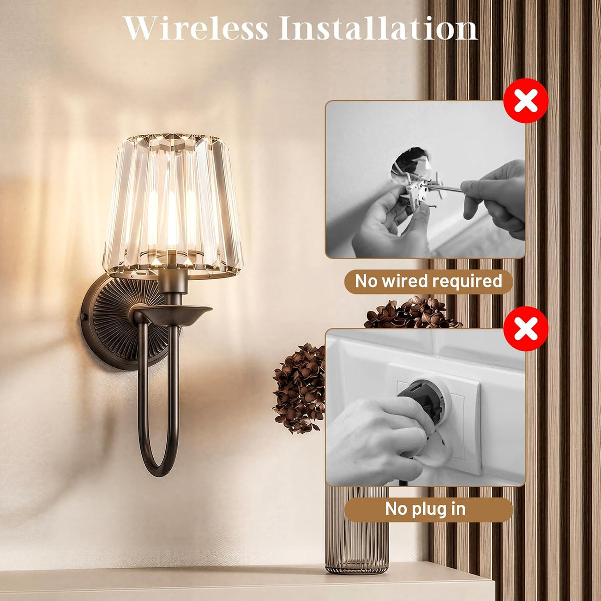 Black Battery Operated Wall Sconces Set of Two, Crystal Wireless Rechargeable Wall Lights with Remote, Dimmable 3 CCT
